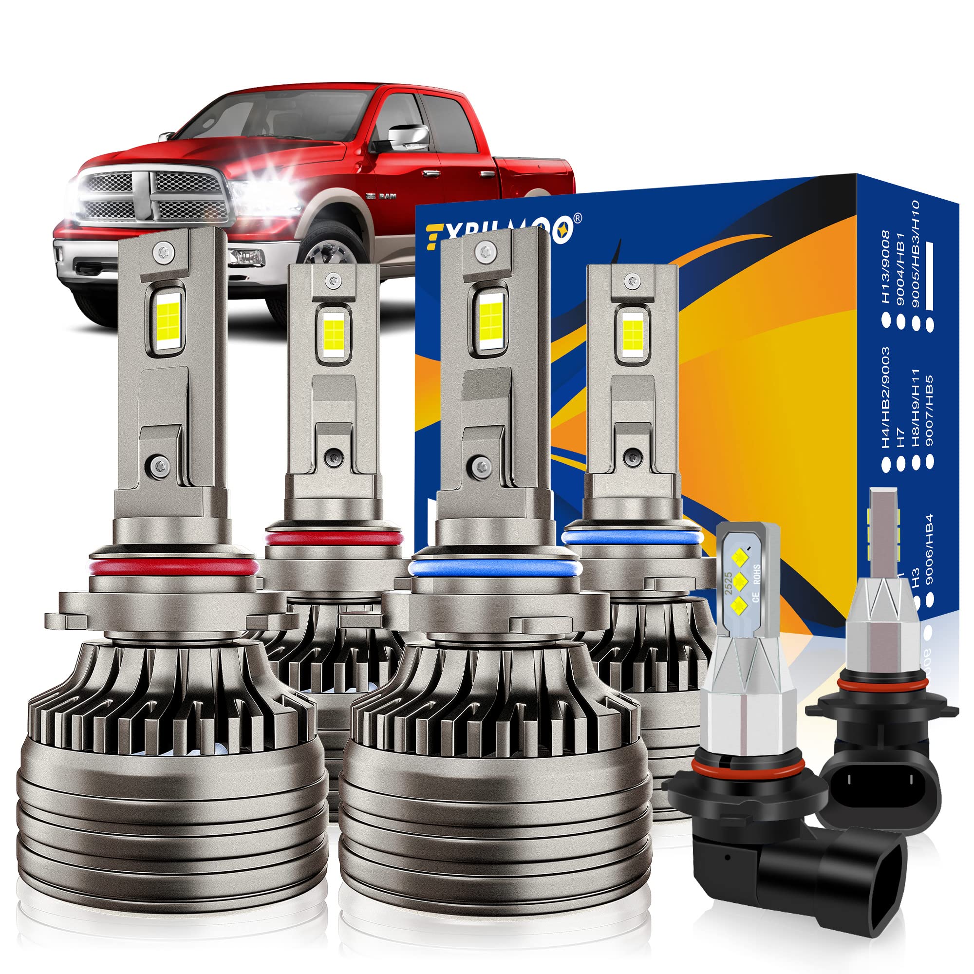 TXBILMOO Fit For 2013-2015 With Projector Dodge Ram 1500 2500 3500 Led Bulbs 6000K Cool White 70W 28000 Lumens 9005 + 9012 + 9145 Led Fog Light,Pack of 6