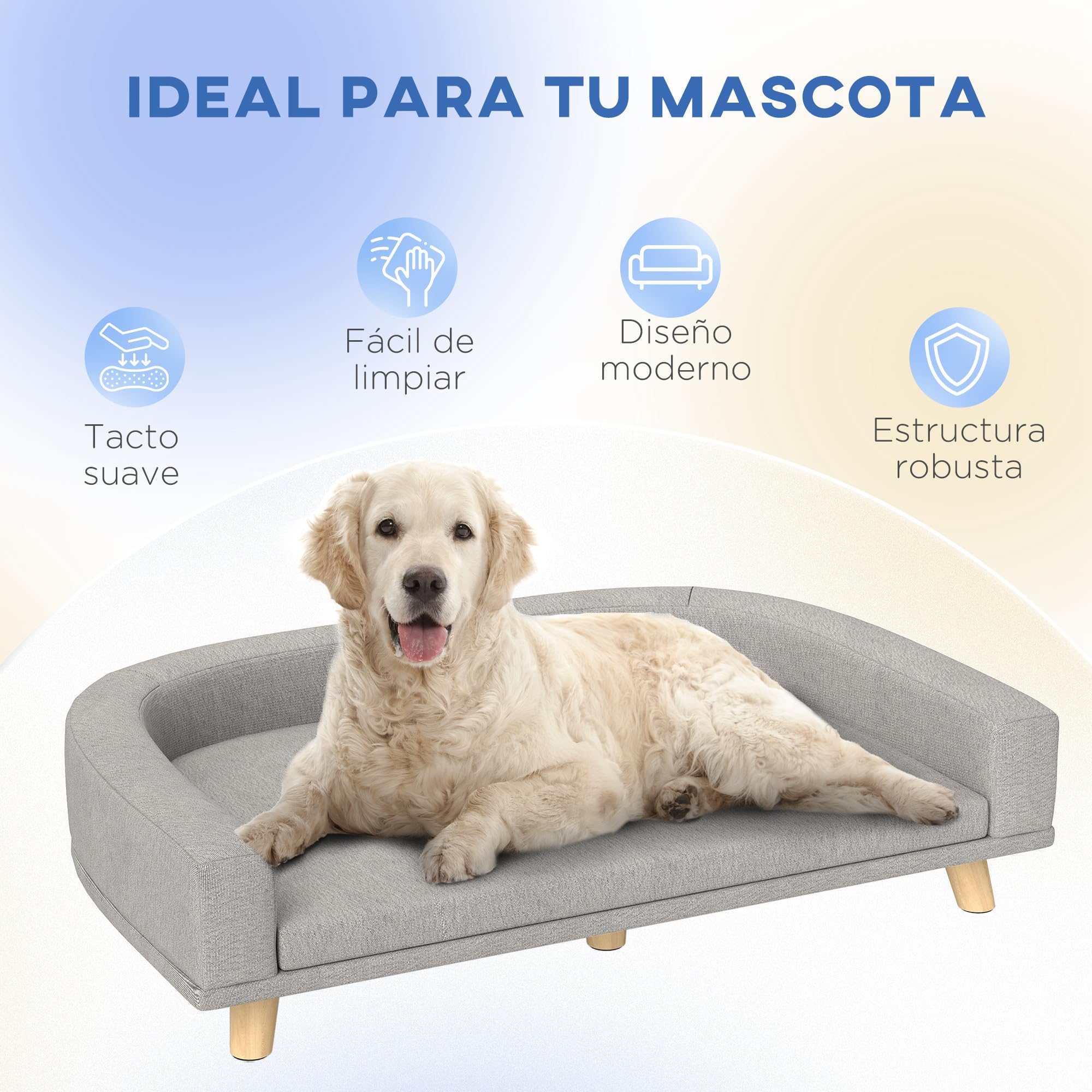 PawHut Sofá para Perros Grandes 98x67x25 cm Cama Elevada para Perros Tapizada con Cojín Lavable y Patas de Madera de Pino Carga 30 kg Gris Claro