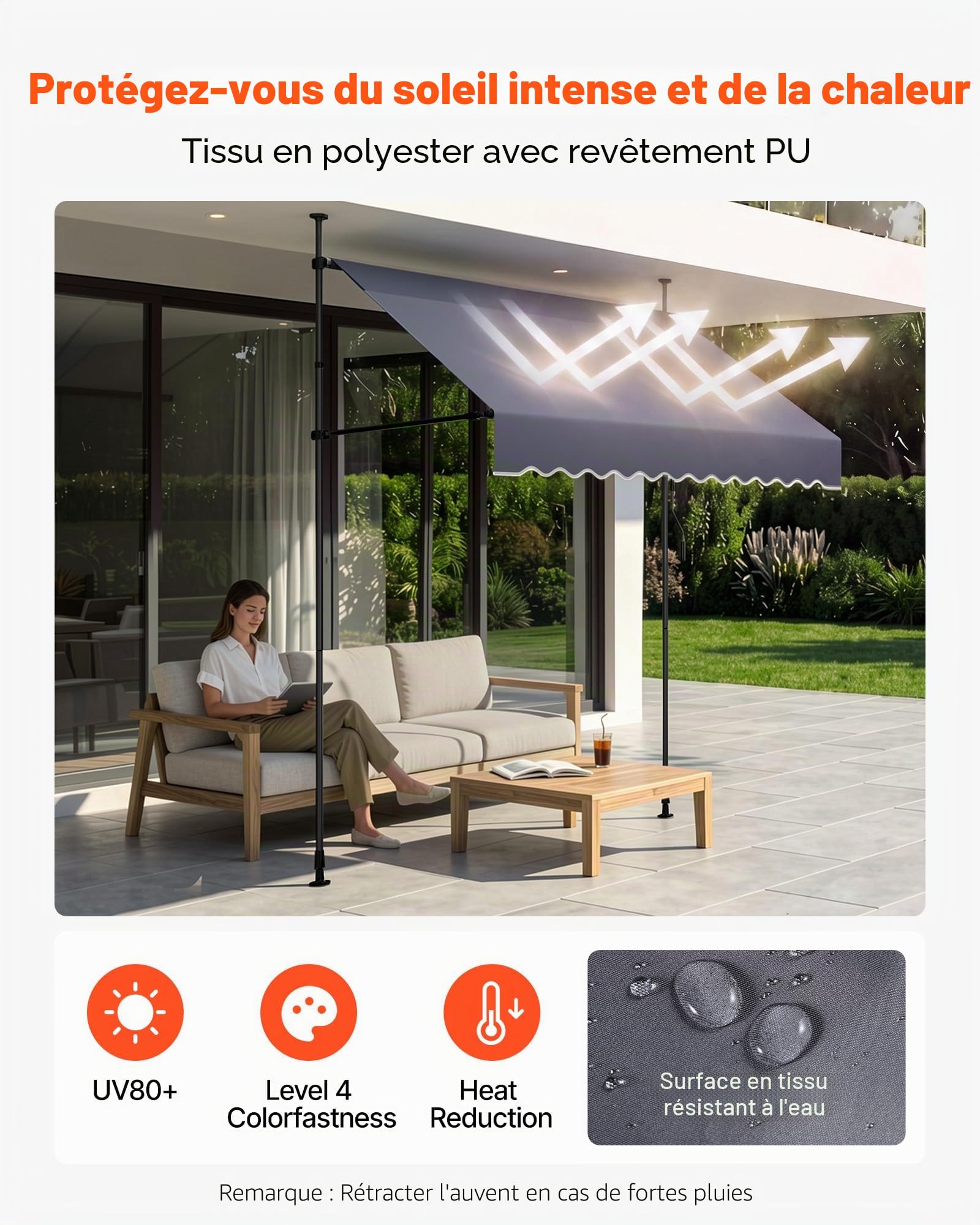 VEVOR Store Banne Manuel sans Perçage Auvent Rétractable 200 cm pour Terrasse et Balcon, avec Manivelle, Hauteur Réglable 210-310 cm, Barres Latérales Réglables 110-150 cm, Angle 0°-90°, Gris Foncé