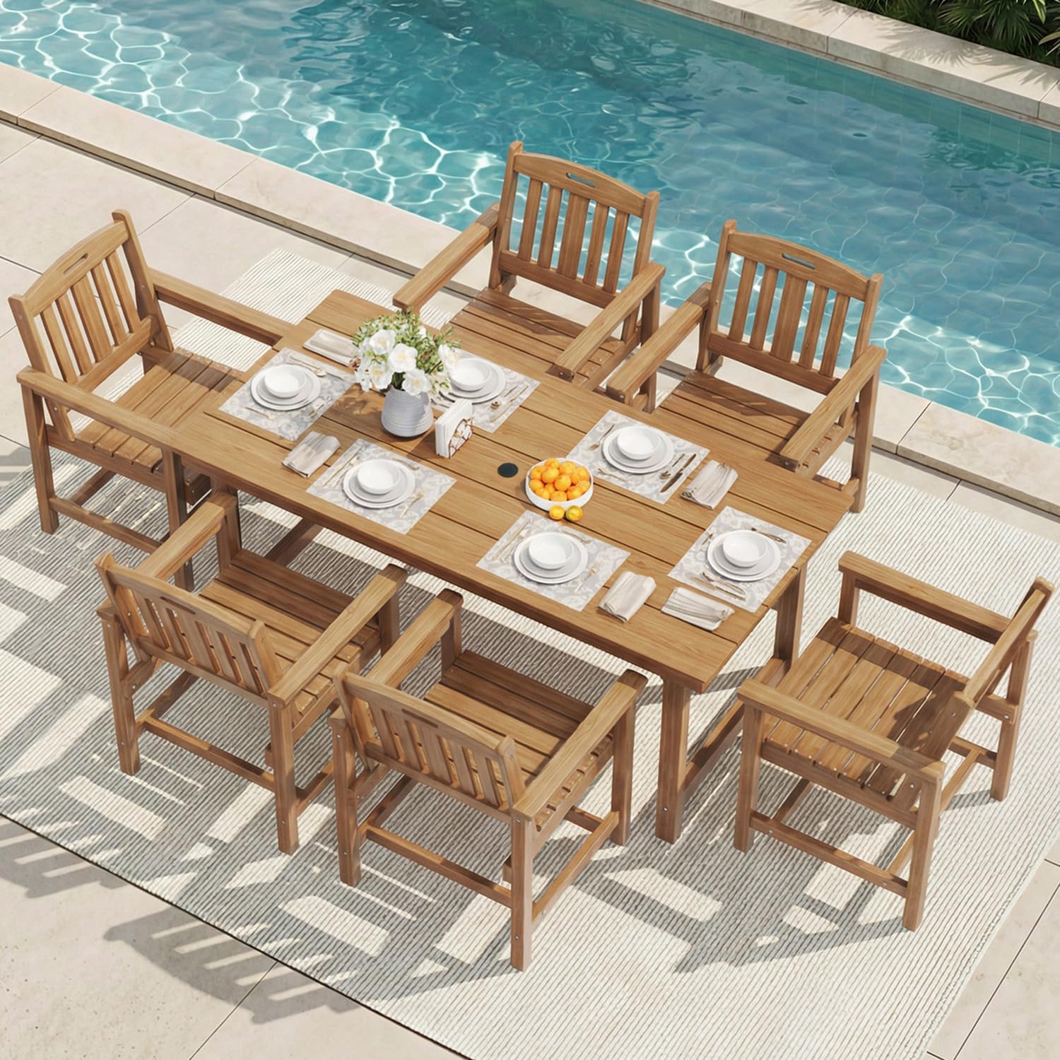 Mdeam 7-Piece HIPS Outdoor Dining Set, 66.9" Wood Texture Patio Table with Umbrella Hole, 440LBS Capacity, 6 Wider Chairs, Dining Table Set for 6, Outdoor Furniture with Galvanized Steel Frame, Teak
