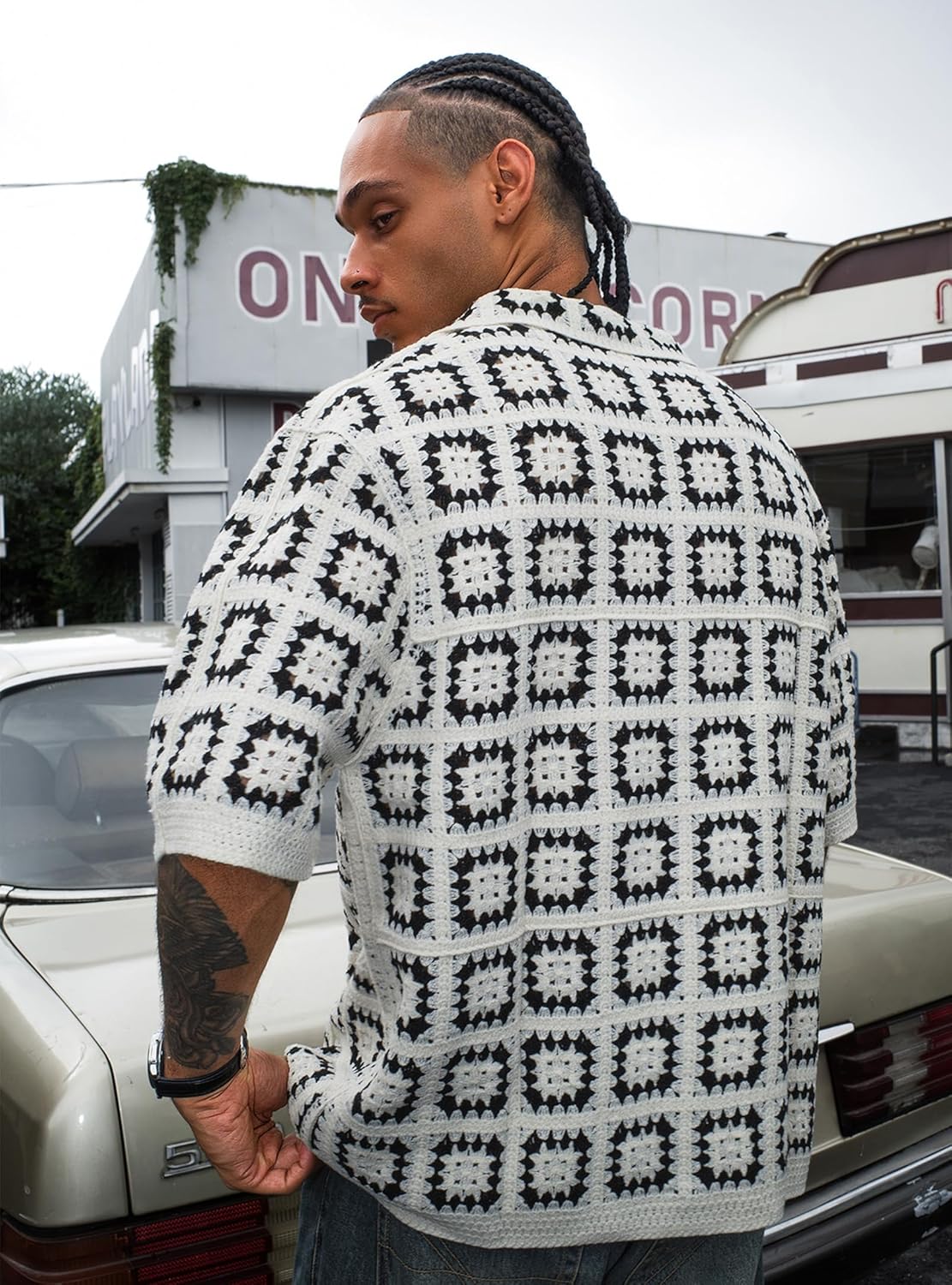 Men‘s Y2K Crochet Button Down Shirt - Lightweight Grunge Oversize Streetwear Mesh Fashion Men Short Sleeve Top
