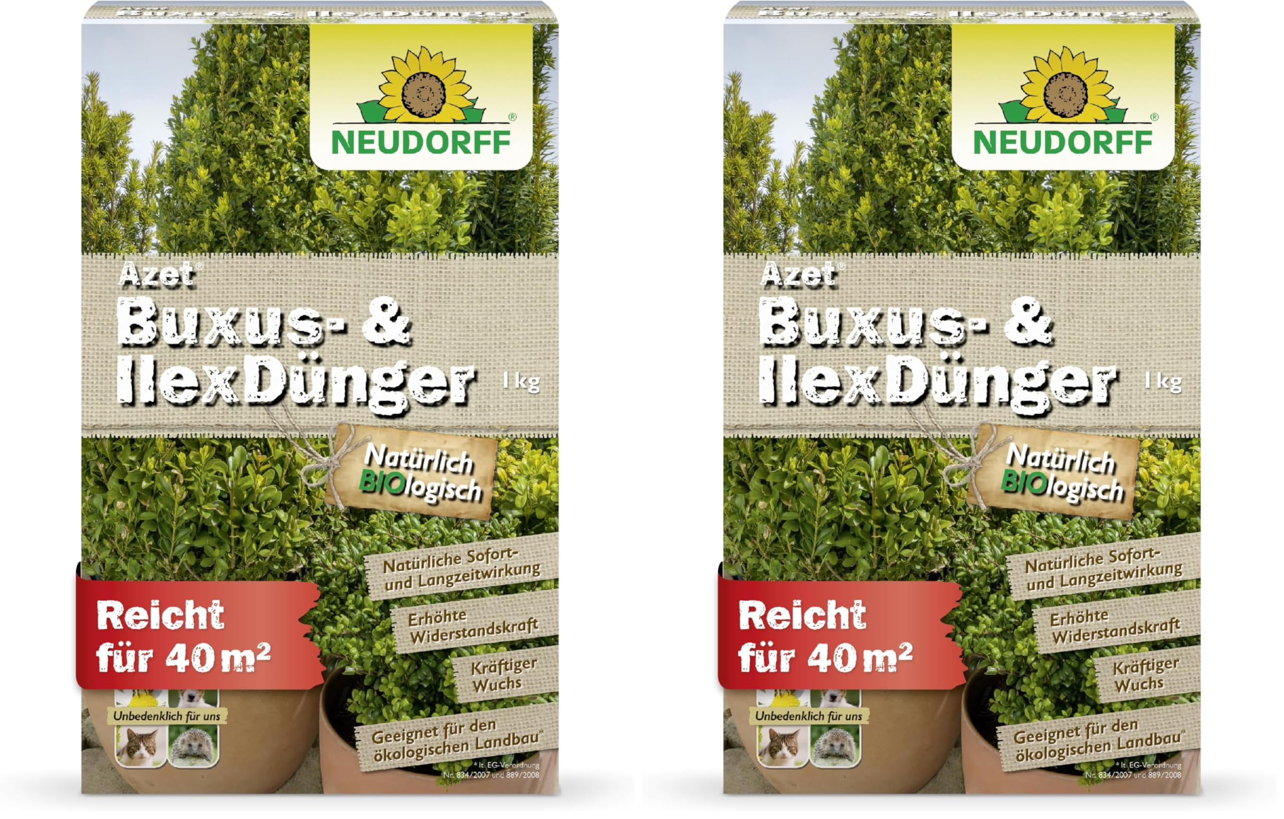 Neudorff Azet Buxus- IllexDünger – Bio Buxusdünger für kräftige und gesunde Buxus, Illex und andere Immergrüne mit Sofort- & Langzeitwirkung, 1 kg (Packung mit 2)