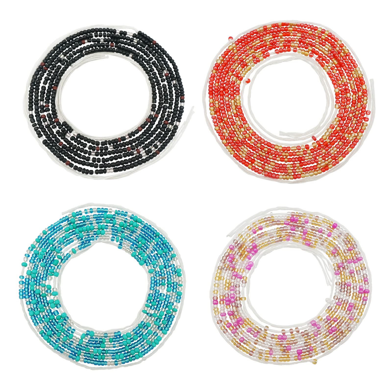 Teniinet 4PCS 50” Handmade African Waist Beads for Women Non-Stretching(Tie-on)