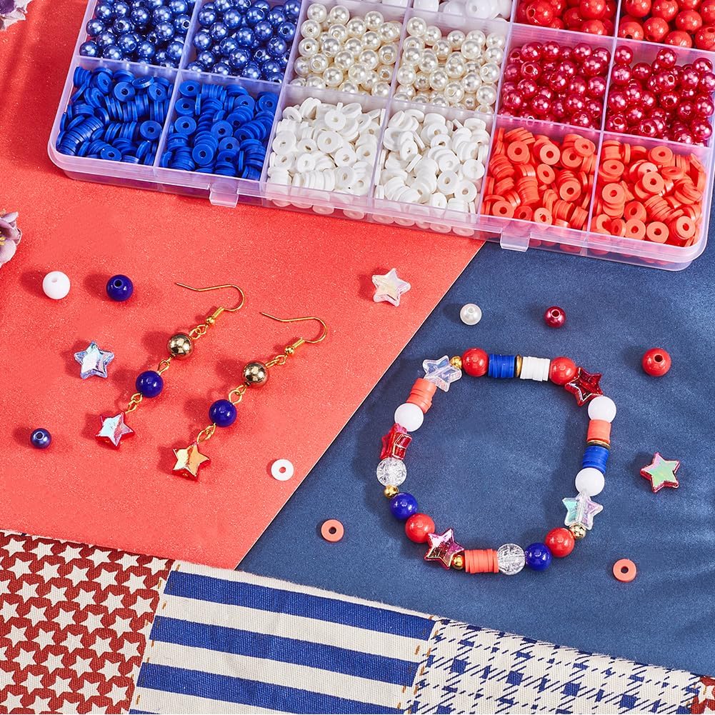 1 Box 1900Pcs+ Independence Day Beads 4th of July Beads Blue Red White Round Plastic Acrylic Peal Star Polymer Clay Patriotic Beads for Jewelry Making Necklaces Earrings Festive Decorations