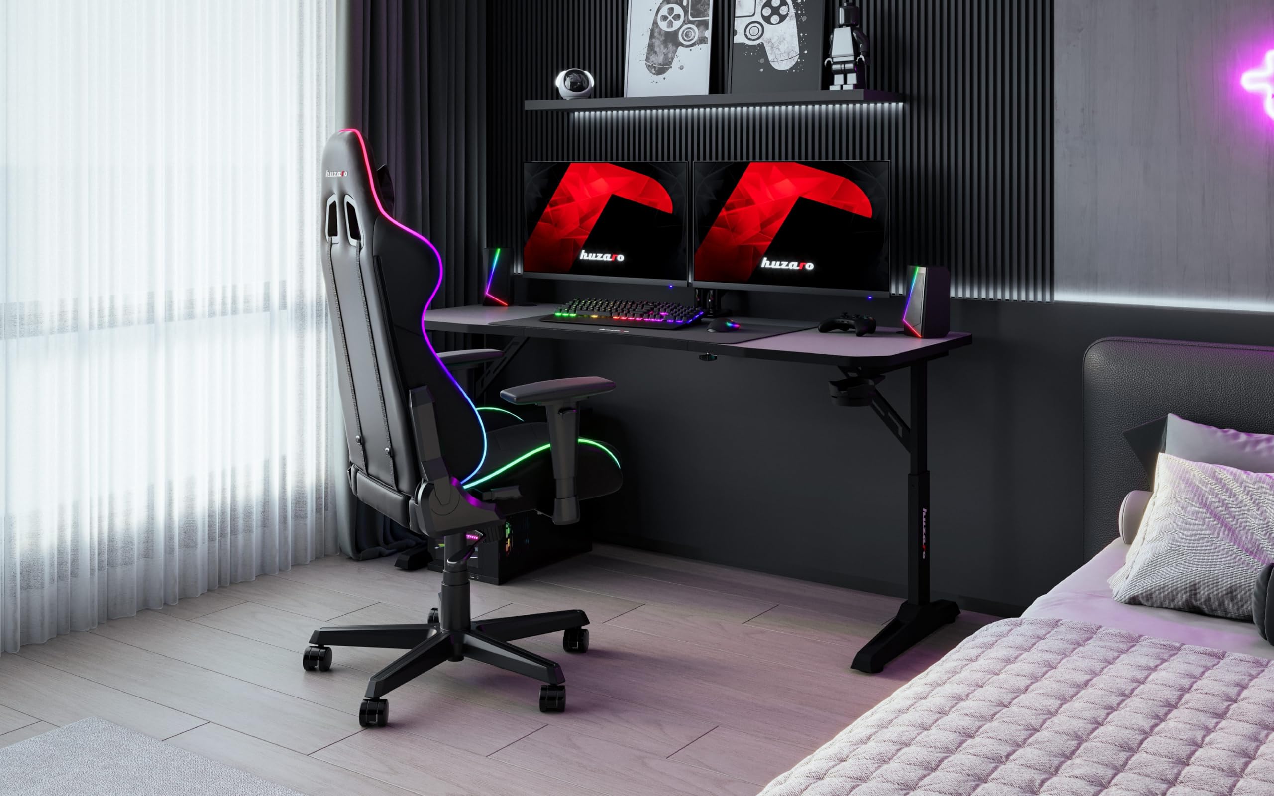 huzaro Hero 4.6 - Mesa para videojuegos (altura regulable, escritorio de 160 x 60 cm, superficie de carbono, gestión de cables, soporte para bebidas y soporte para auriculares, mesa para PC, oficina