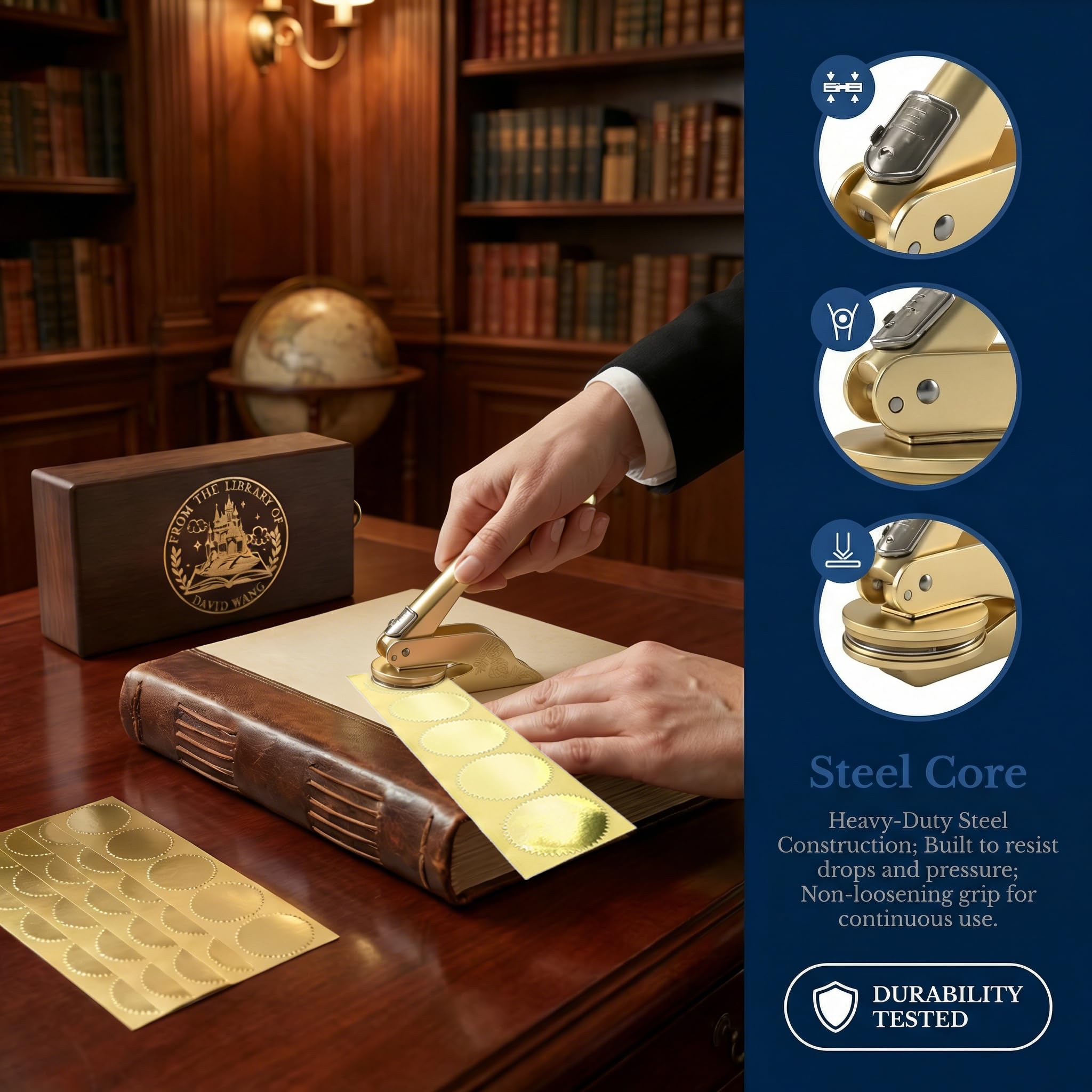 Prägestempel Personalisiert, Mit 100 Aufkleber, Buchpräger mit eigenem Logo, Messing, mit robustem Stahlgehäuse, für Bücher, Bibliothek, Hochzeit Einladung, Umschläge, Notarsiegel