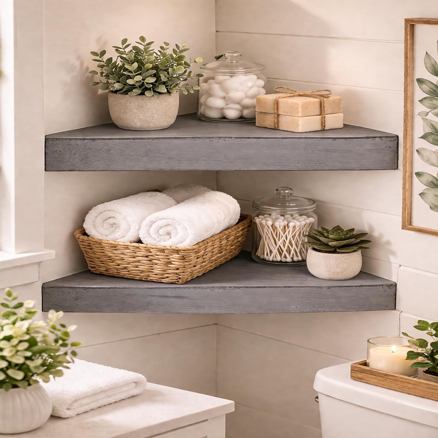 American Art Decor Set of 2 Floating Corner Shelves - Shelf Bracket & Organizer for Living Room, Bedroom, Bathroom, Offices & More (Grey, 2.25”x 16.5”x 8.25”)