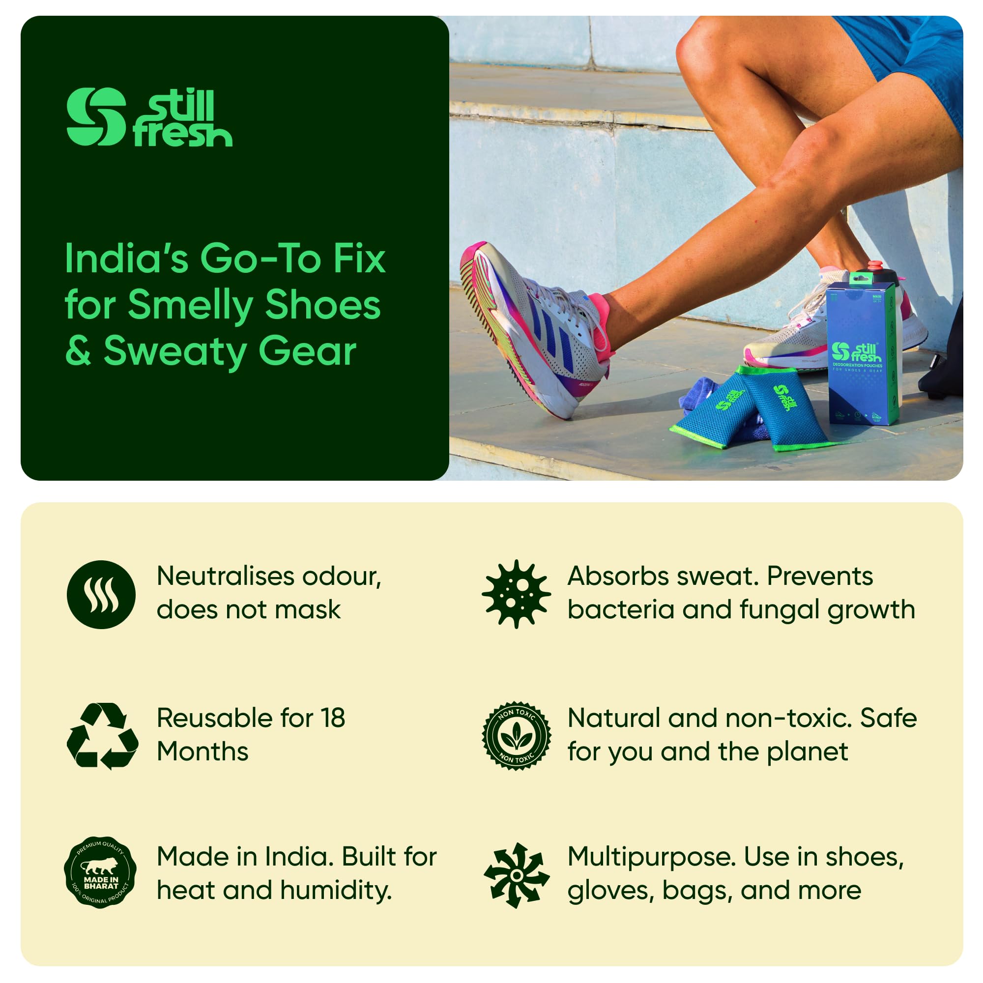 STILLFRESH Natural Odor Eliminator | Deodorizing Pouches Maxi – For Shoes (Size 7 and above), Sports Gear, Gloves and Gym Bags