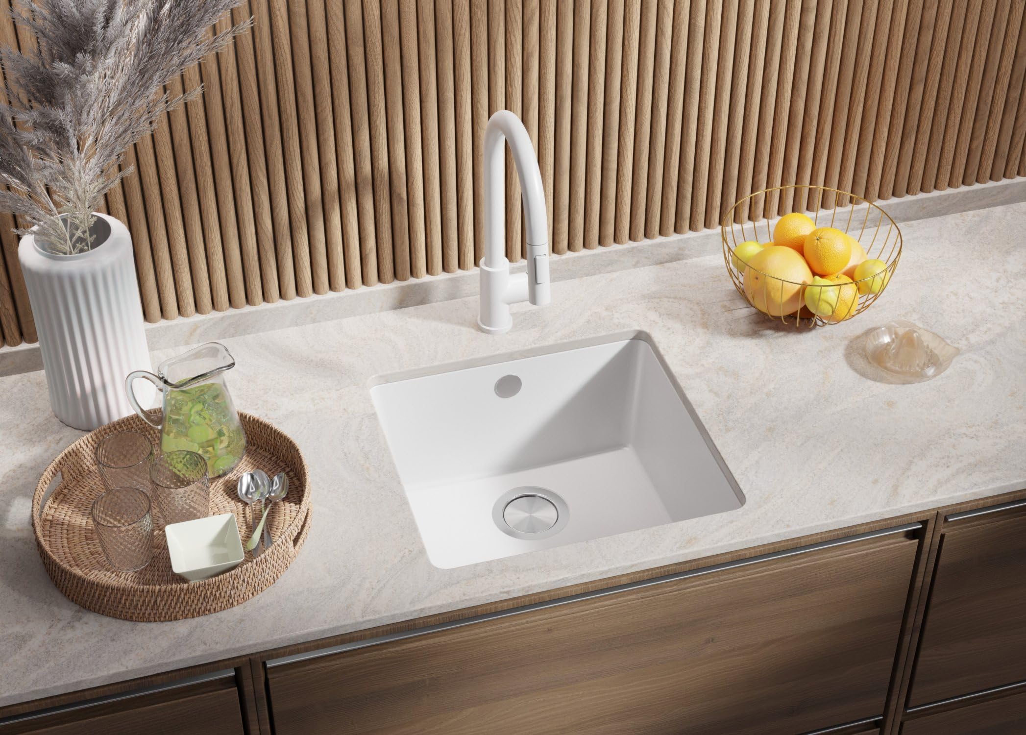 PRIMAGRAN Fregadero bajo Encimera Blanco - Venecia Easy, 46x44cm | Cocina 1 Seno + Sifón, Granito al Mueble 50cm (S028)
