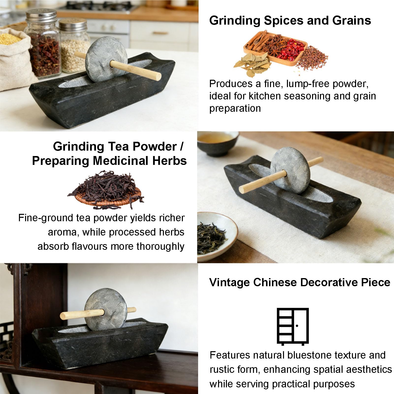 Macina A Pietra Manuale per Macinare, Macina Manuale Fatta A Mano per Uso Domestico, Rullo in Pietra Blu E Set Stobel per L'uso Domestico per Chicchi di caffè, Spezie Fresche E tè(Size:15cm)