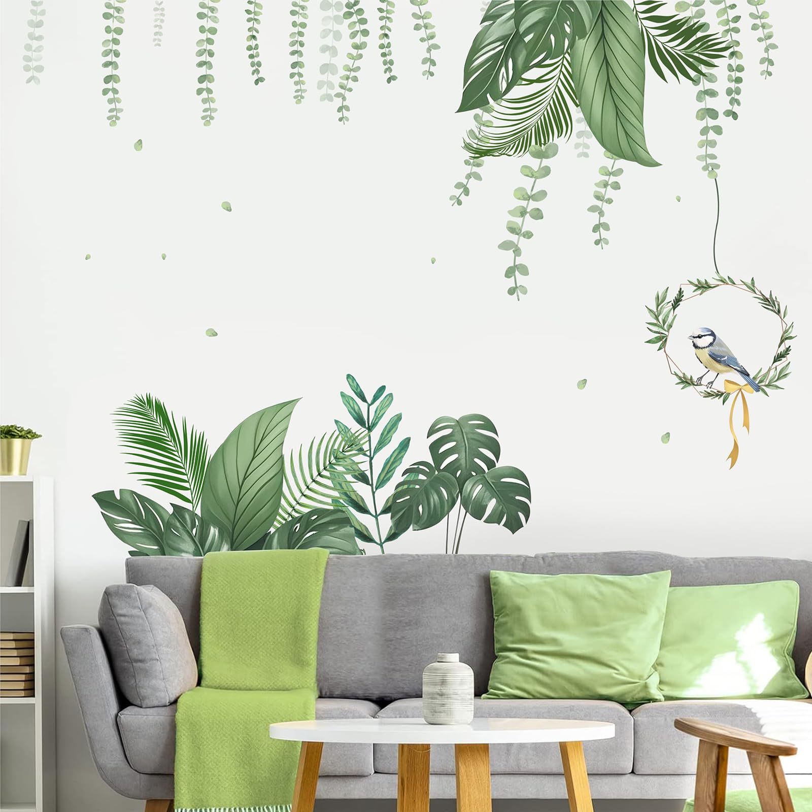 KAIRNE Green Tropical Leaves Wall Stickers Hanging Plants Green Jungle Wall Decals Parrot Wall Art Nature Hanging Vine Palm Clings for Bedroom Living Room Sofa TV Background - Image 4