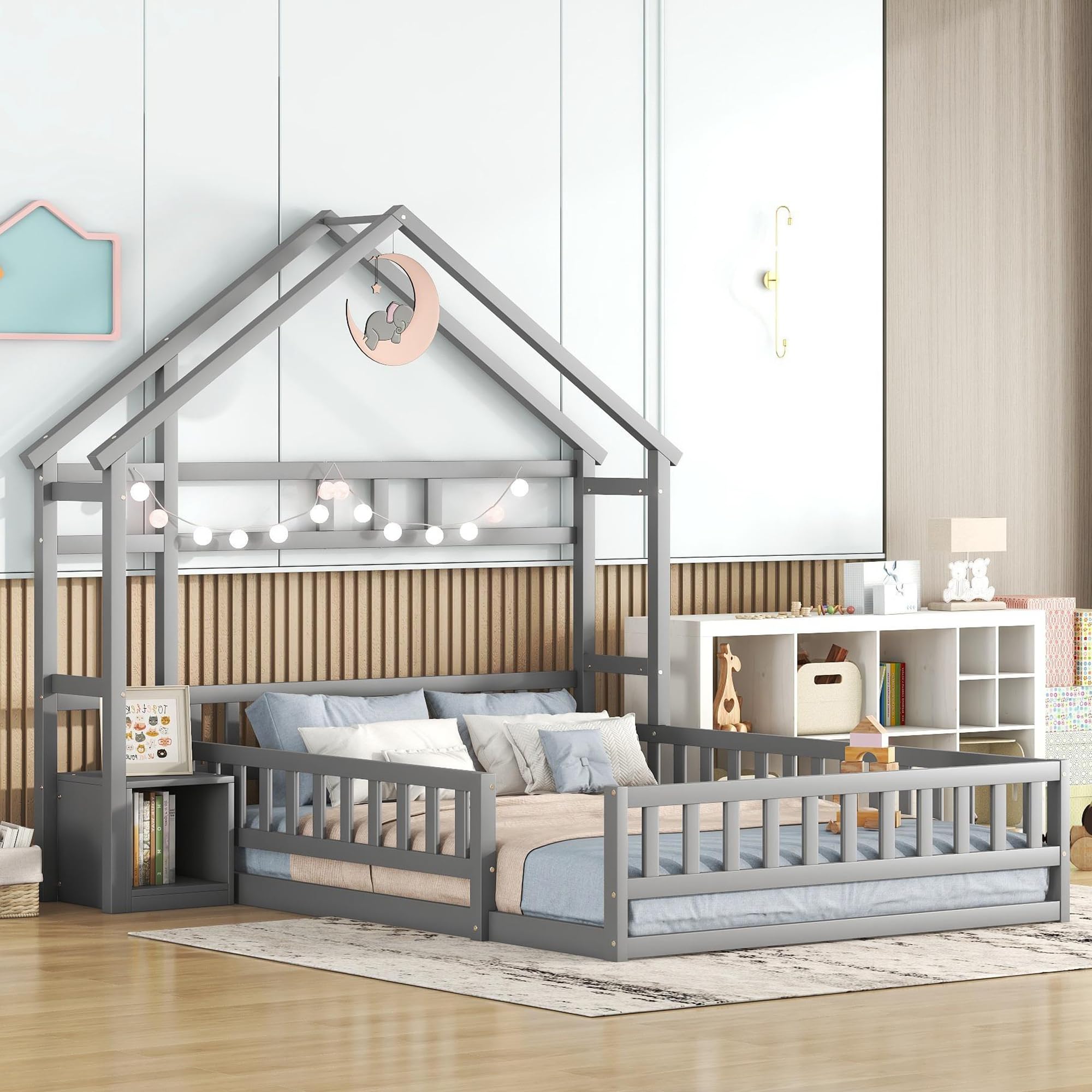 Dolamaní Bodenbett 140x200 cm Kinder mit Rausfallschutz -Montessori Kinderbett für Jungen & Mädchen, mit Nachttisch & Dekorative Haushalterung (Grau)