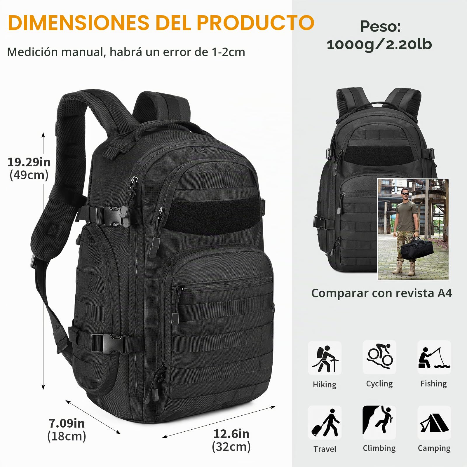 Mochila táctica militar de 30 L, 3 días, para senderismo, caza, trekking y camping y otras actividades al aire libre