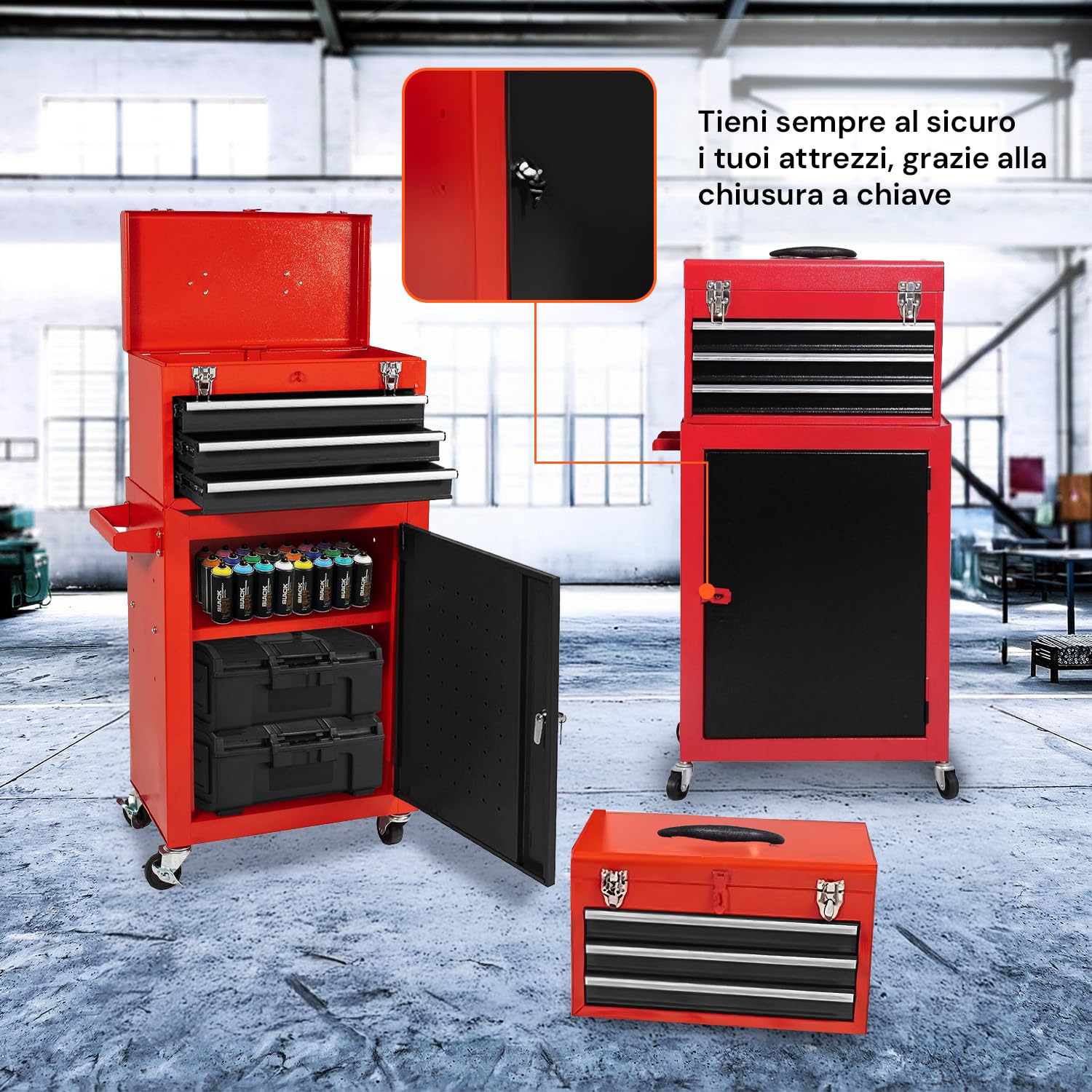 Avilia - Carrello Porta Attrezzi Professionale con 3 Cassetti Scorrevoli e Armadietto con Serratura per Garage e Officina, Struttura in Metallo Verniciato Facile da Spostare