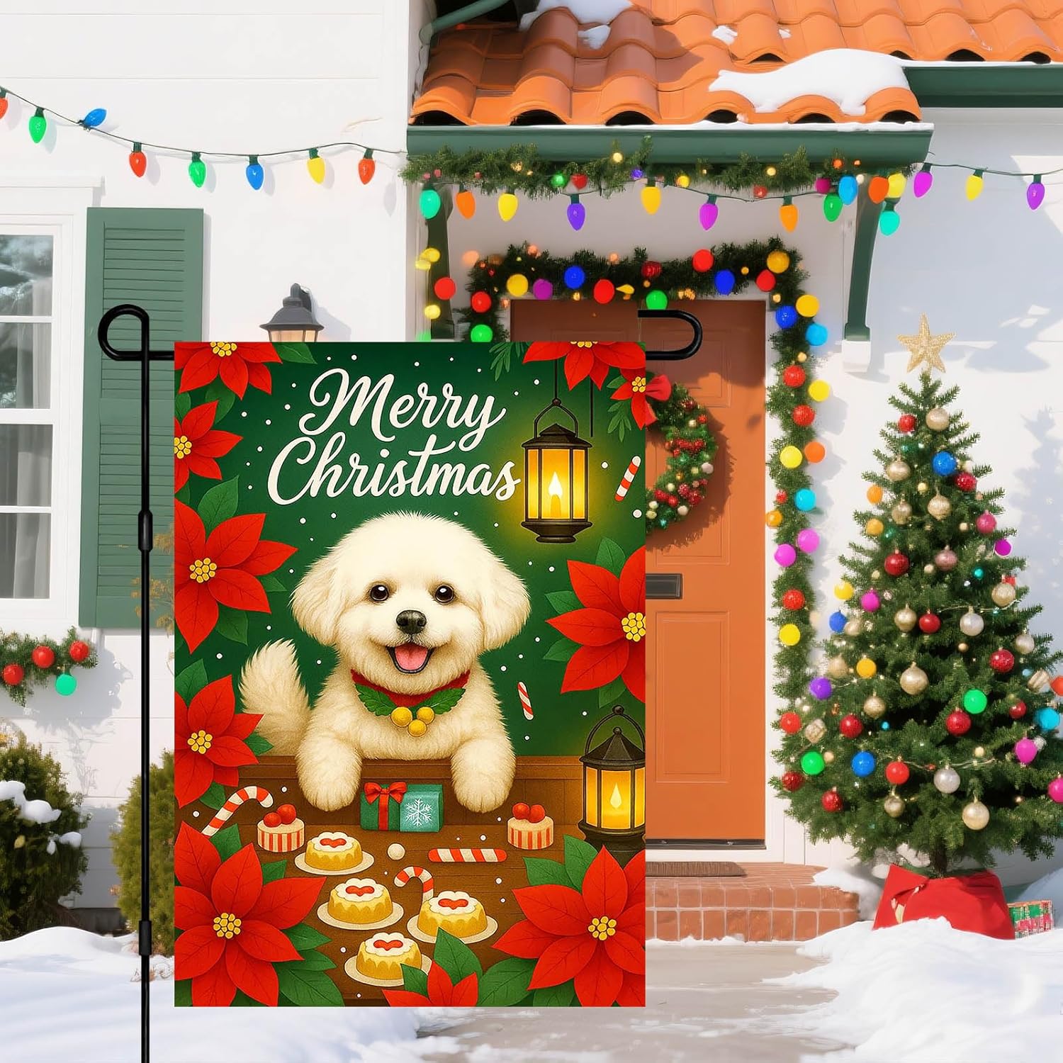 IVN Christmas Garden Flag 12x18 Inch Double Sided Bichon Frise Dog with Poinsettia Flowers Lanterns and Christmas Cookies Outdoor Yard Flag for Outside Home Front Door Lawn Porch Patio Welcome Decor - Image 5