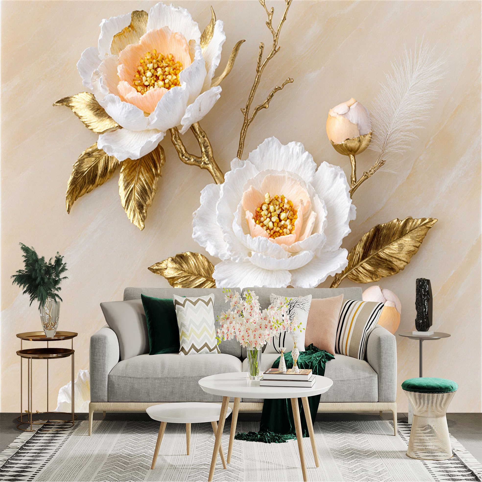 Custom Size Wall Sticker Mural， Elegant White Peonies， Golden Metallic Branches， Luxurious Botanical Art， Modern Home Decor， for wall Decoration， peelandstick wall Decals.