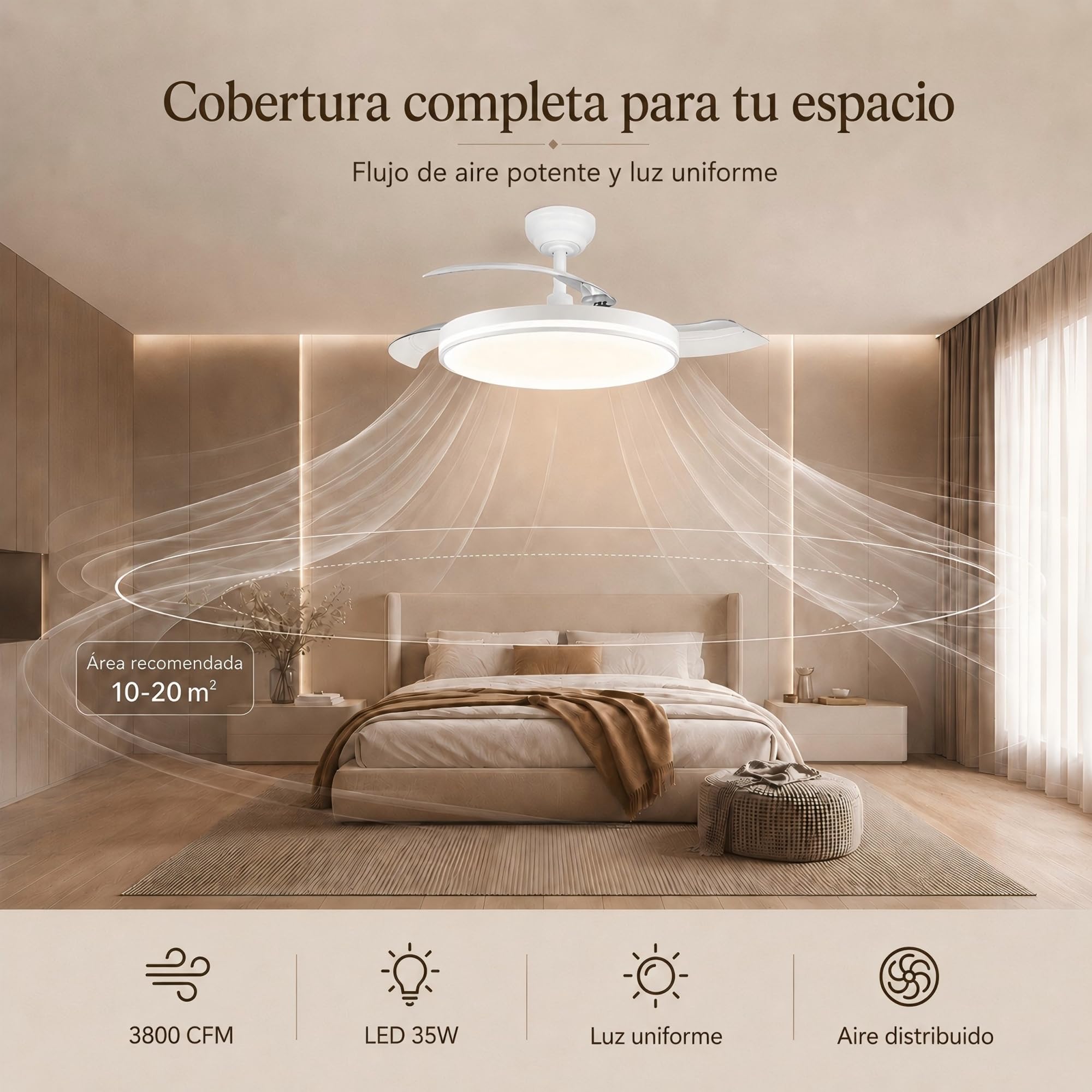 MARSI Ventilador de Techo con Luz y Aspas Retráctiles 106 cm, Motor DC Silencioso, 6 Velocidades, LED Regulable con Mando a Distancia, Función Verano Invierno para Dormitorio y Salón