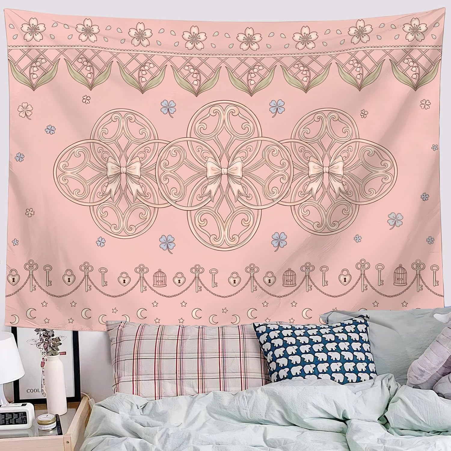 JRISEMECY Retro Bow Damask Tapestry Wall Hanging Lolita Flower Border Wall Art | Pink Tapestries Decor For Bedroom Living Room Dorm Home Aesthetic Decoration 40 X 30 Tapestry