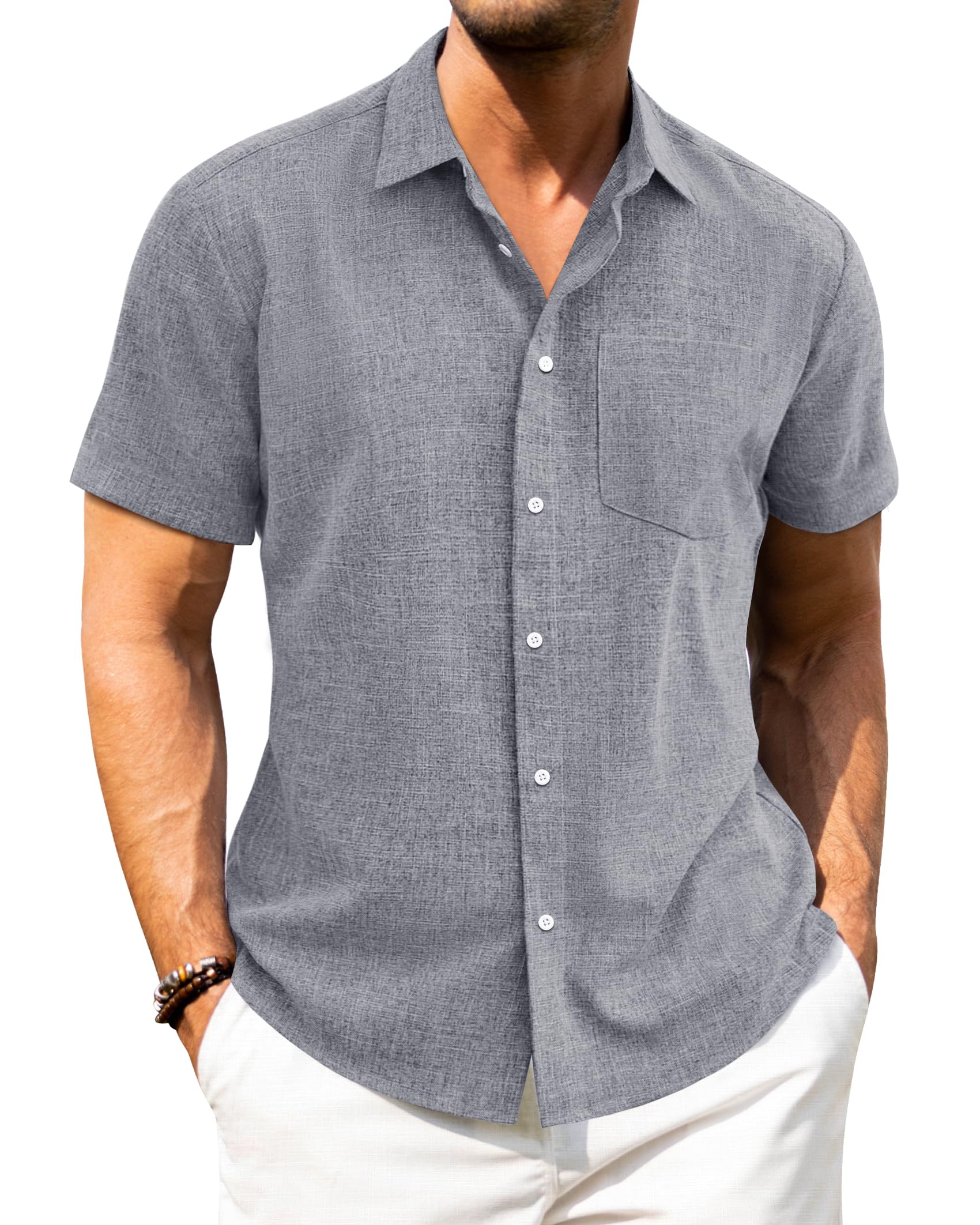 J.VER Leinenhemd Herren Kruzarm Freizeithemd Regular Fit Leicht und Luftig Sommerhemd Leinen Shirt mit Tasche