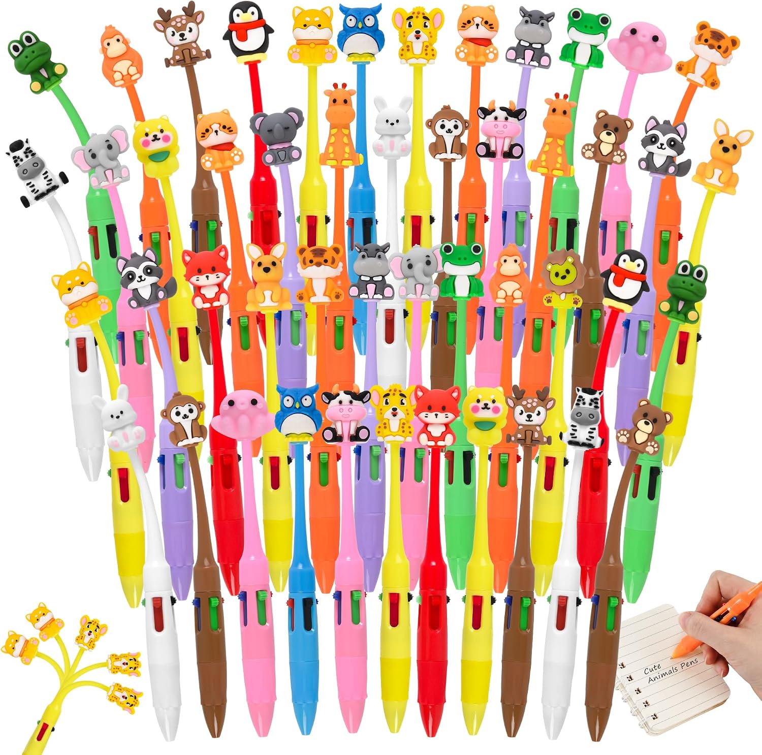 50 Pcs Animals Stress Relief Bobblehead Multicolor Pen in One Bear Cow Cat Elephant Tiger Lion and Frog Shapes Cute Fun 4-in-1 Pens Kawaii Fidget Pen for Classroom Prizes, Office Supplies