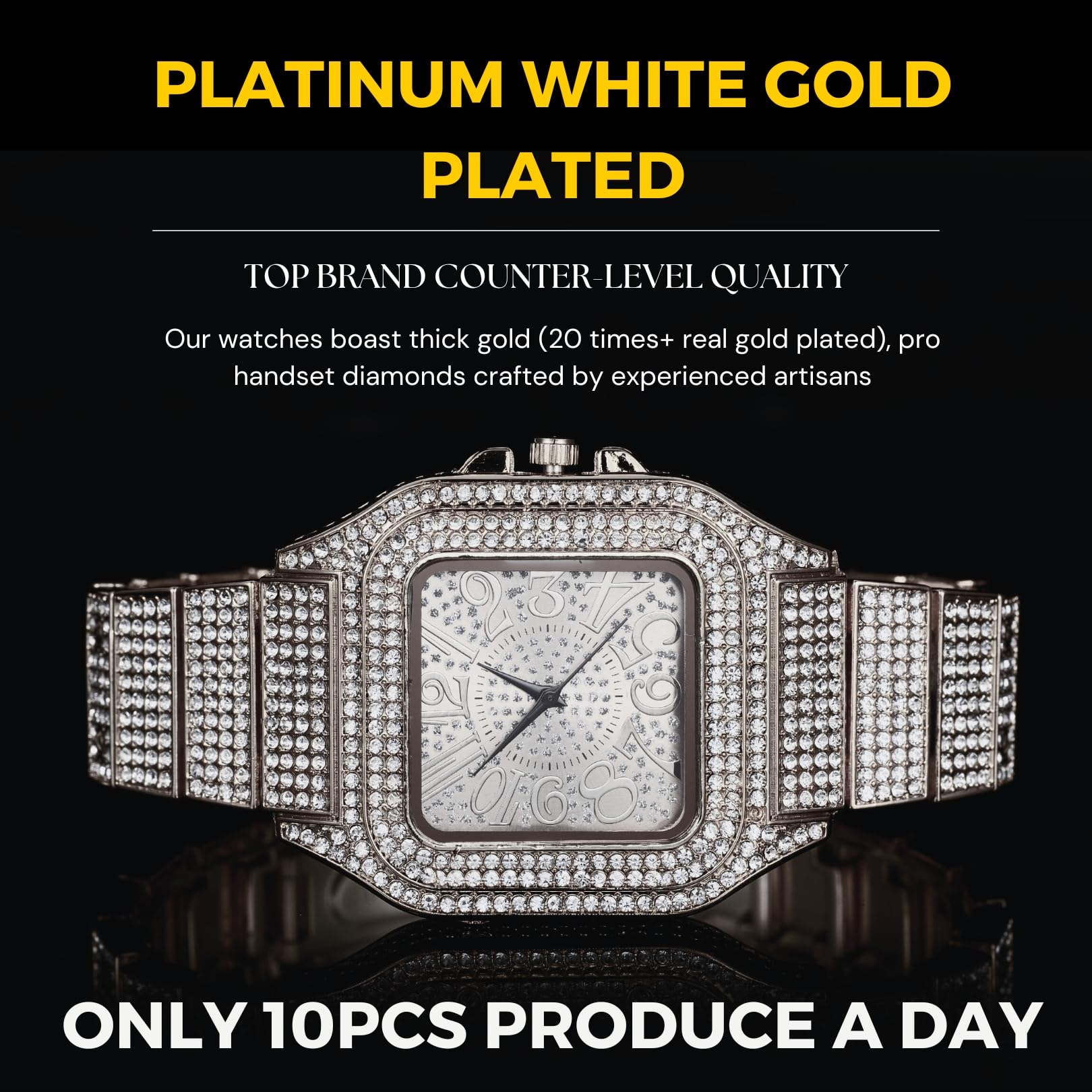 HALUKAKAH Reloj con Diamantes Iced out,Hombre Chapado en Oro 18K/Platino Oro Blanco Esfera con Números Árabes Cuarzo 22cm,Opcional con Cadena Cubana 20cm/45cm,Viene con Caja de Regalo