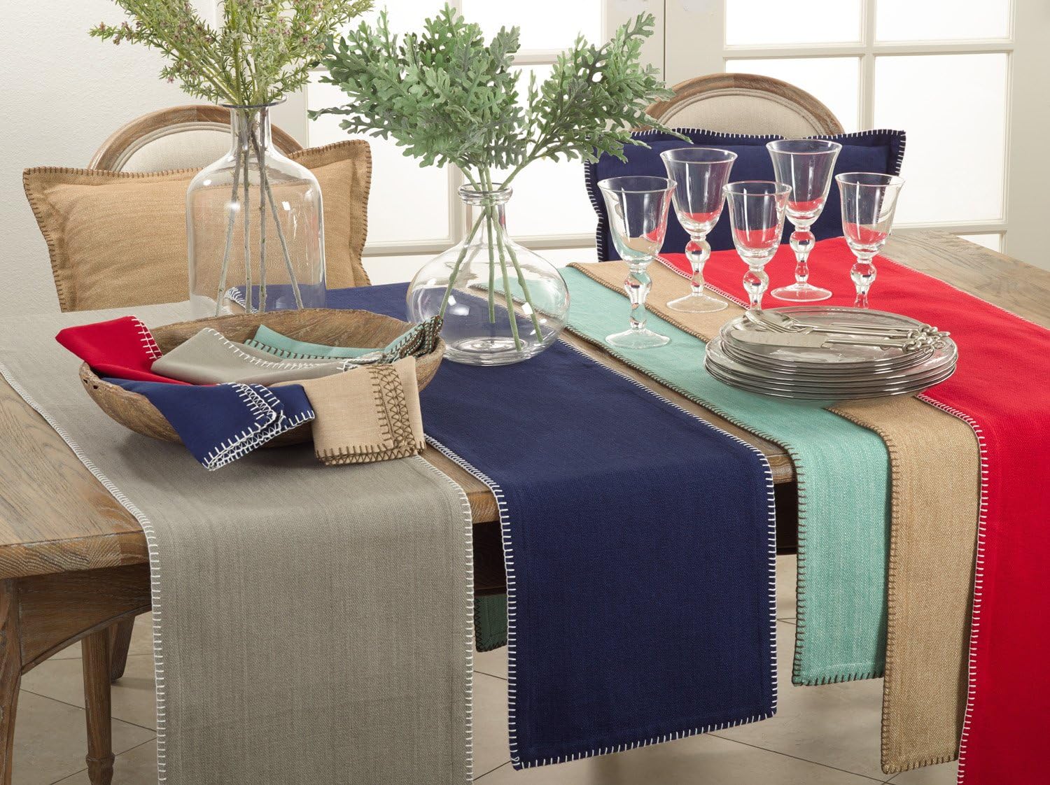 Fennco Styles Celena Collection Contemporary Whip Stitched 100% Pure Cotton Table Runner, 5 Colors - Grey 13"x72" Table Runner