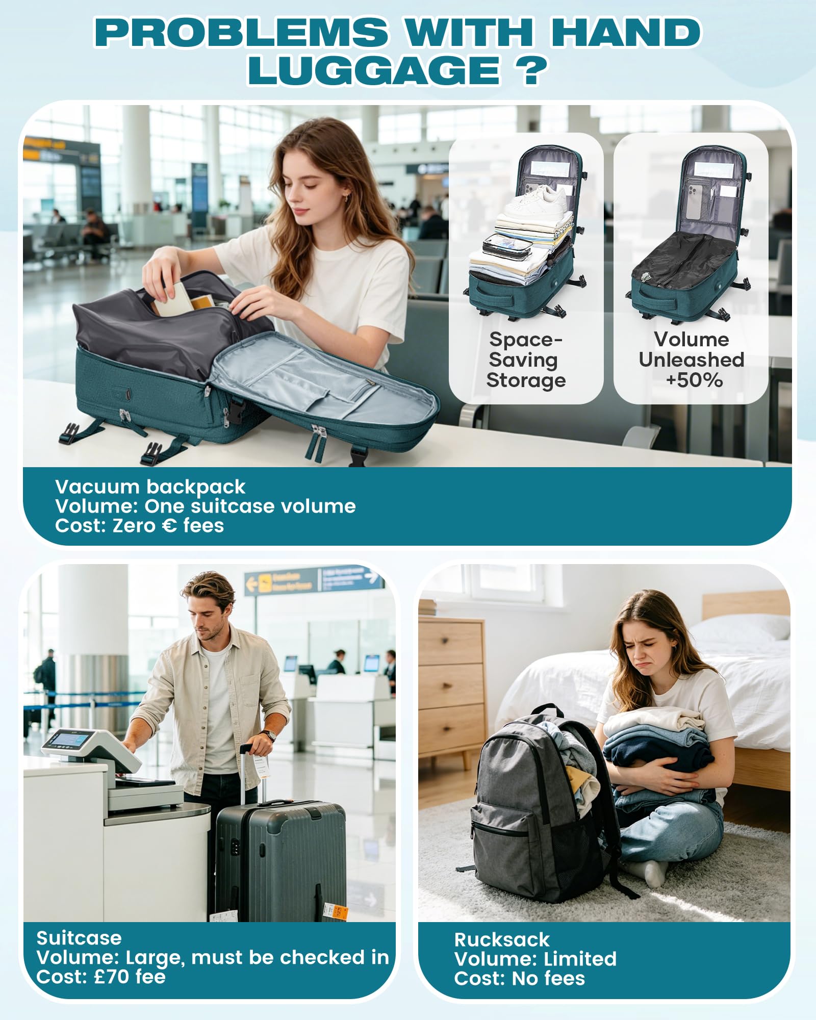 SZLX Zaino Ryanair 40x30x20 Sottovuoto con Pompa Zaino Ryanair 40x20x25 Donna Zaino da Viaggio Wizzair Bagaglio a Mano Uomo per Laptop da 14 Pollici Borse da Cabina 45x36x20 Easyjet con Porta Scarpe