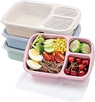 buluker 4-Pack Wheat Straw Bento Lunch Boxes - 3 Compartment Meal Prep Containers, Microwave & Dishwasher Safe, Lightweight Stackable