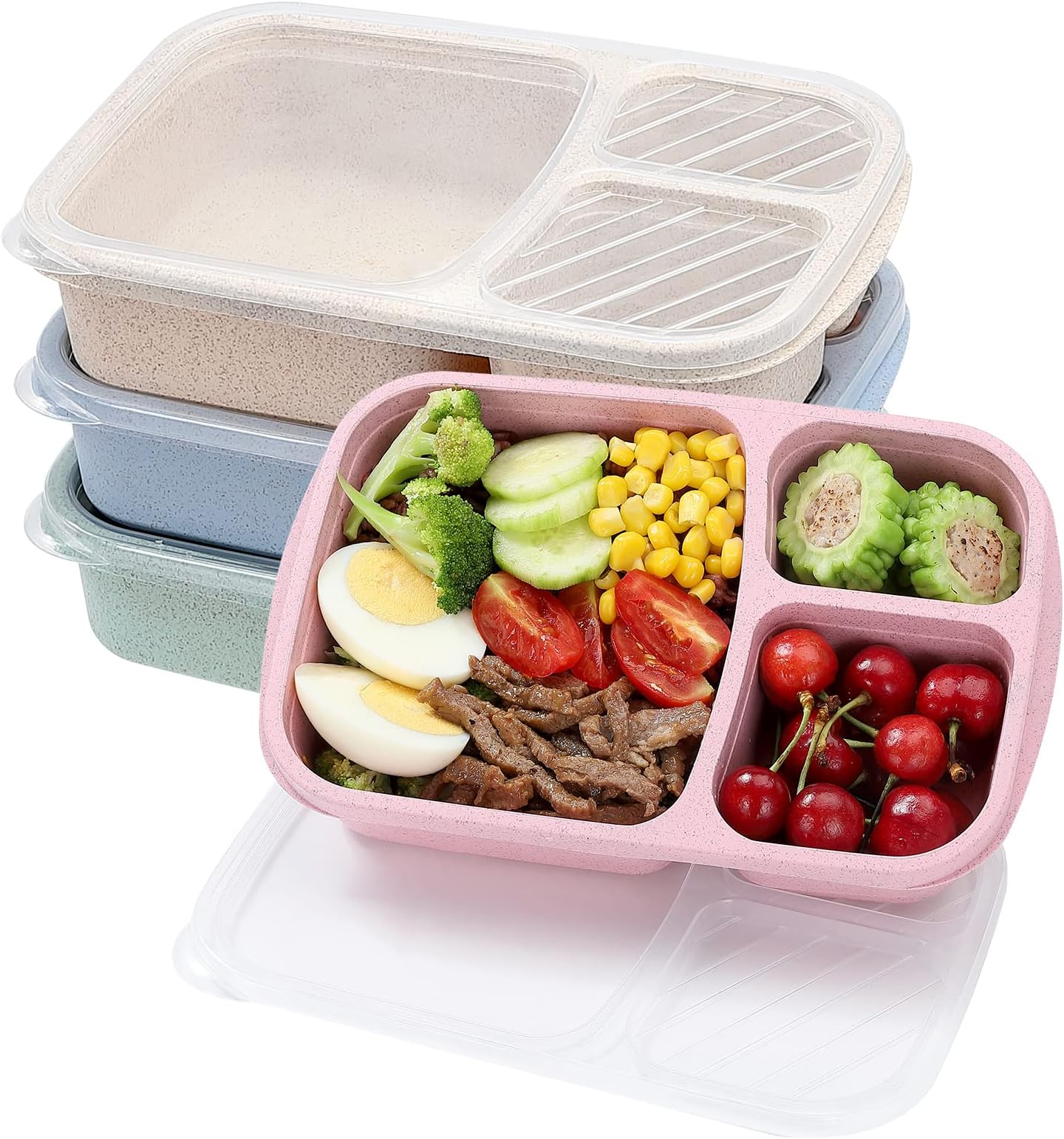 4 Pack Bento Lunch Box Set 3 Compartment Straw Meal Prep Food Storage Containers Plastic Microwave and Dishwasher Safe (3 Compartments)