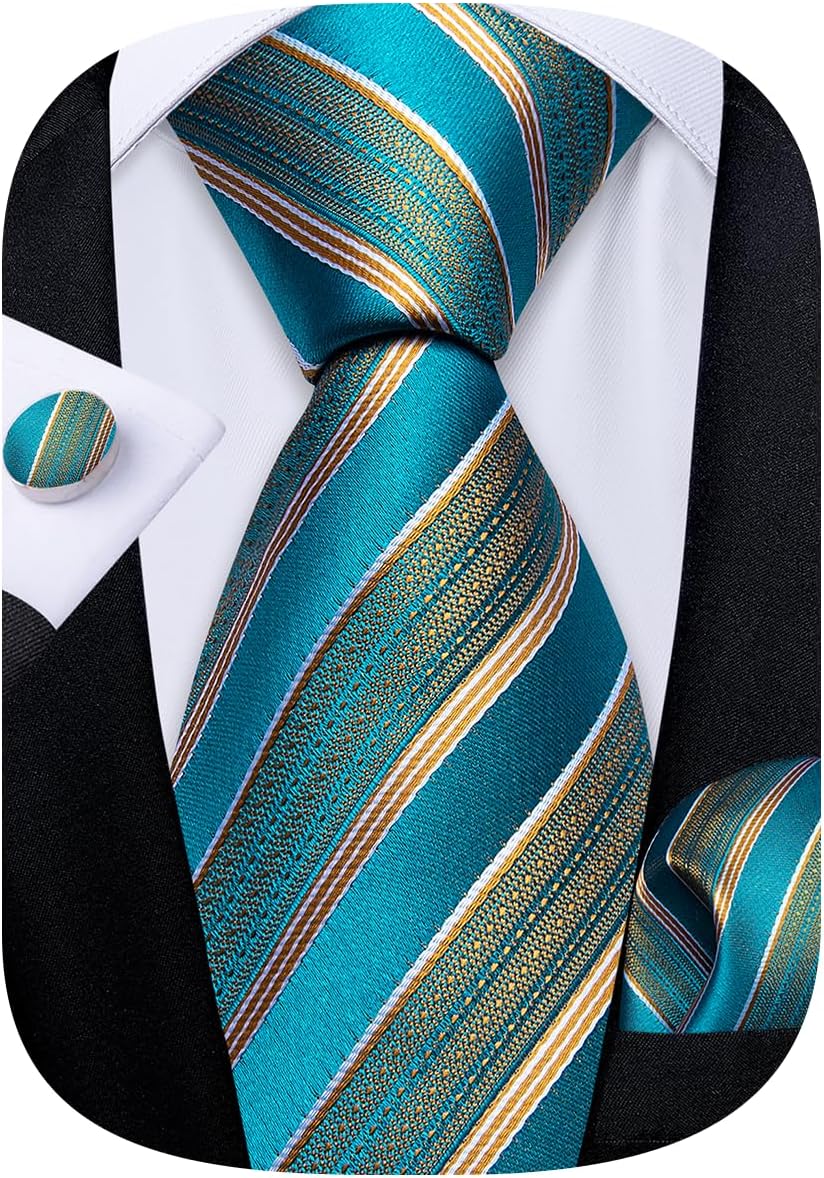 DiBanGu Striped Tie Set for Men Silk Woven Plaid Necktie and Pocket Square Cufflinks Business Wedding