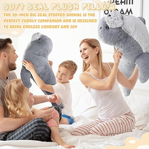 Miniatura 6 de Poen Peluche de foca gigante de 39 pulgadas, grande, suave, gris, lindo abrazo, juguete de peluche, adorable almohada de sello grande, regalo para
