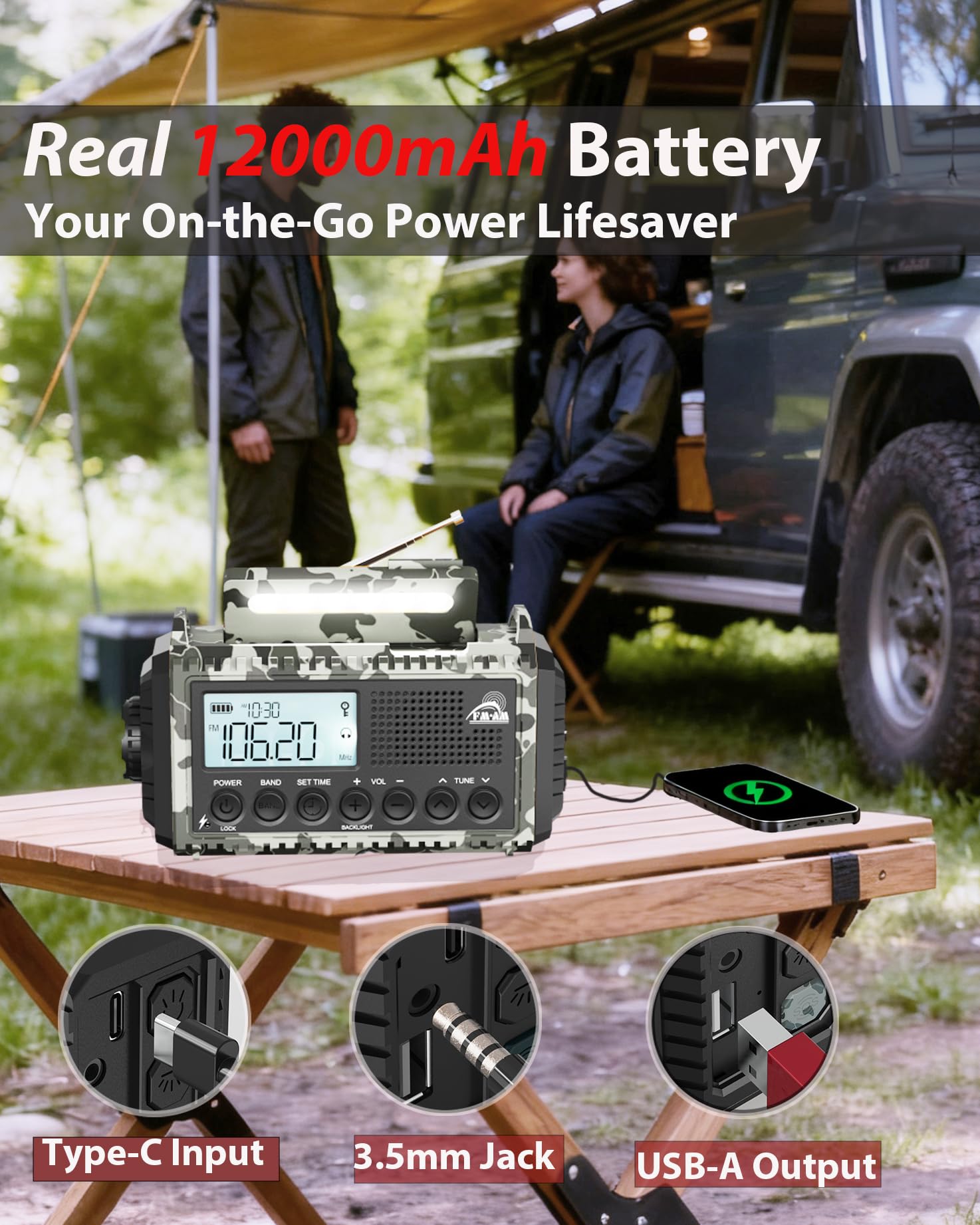 Roxicosly Radio portatile portatile AM/FM/SW da 12000 mAh, ricaricabile, radio portatile AM/FM/SW con torcia e lampada da lettura, caricatore USB, allarme SOS, IPX6, jack per cuffie da campeggio,