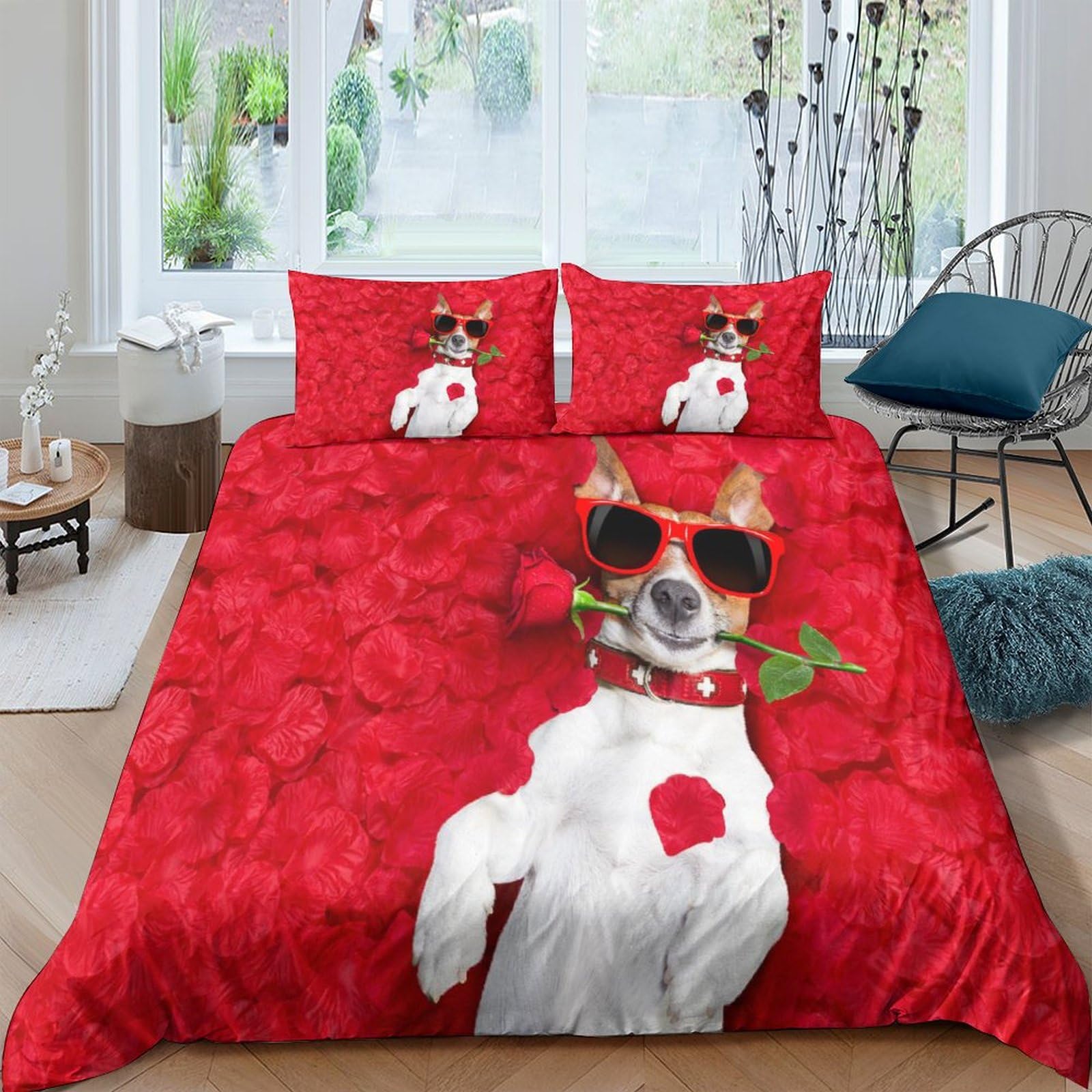 Housse de couette fermeture éclair motif chien 3D et rose en microfibre douce king size 220x240