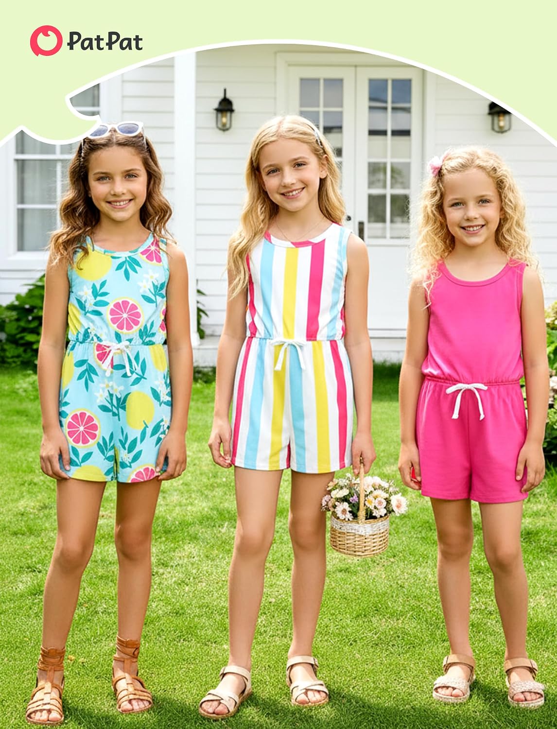 PATPAT Girls 3 Pack Rompers 3-12 Years Floral Summer Rompers Elastic Waist Sleeveless Jumpsuits Cute Outfits