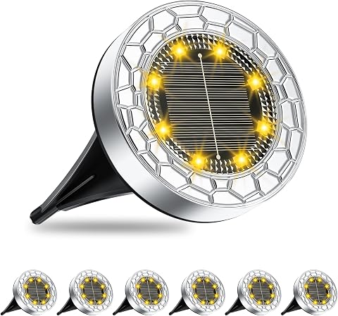 FIFlying 6 pezzi Luci Solari da Giardino, 8 LED Lampade Solare da Terra | Acciaio Inossidabile Bianco Caldo Faretti Sepolta Solari a Led da Esterno, per Prato, Vialetto, Marciapiede, Patio