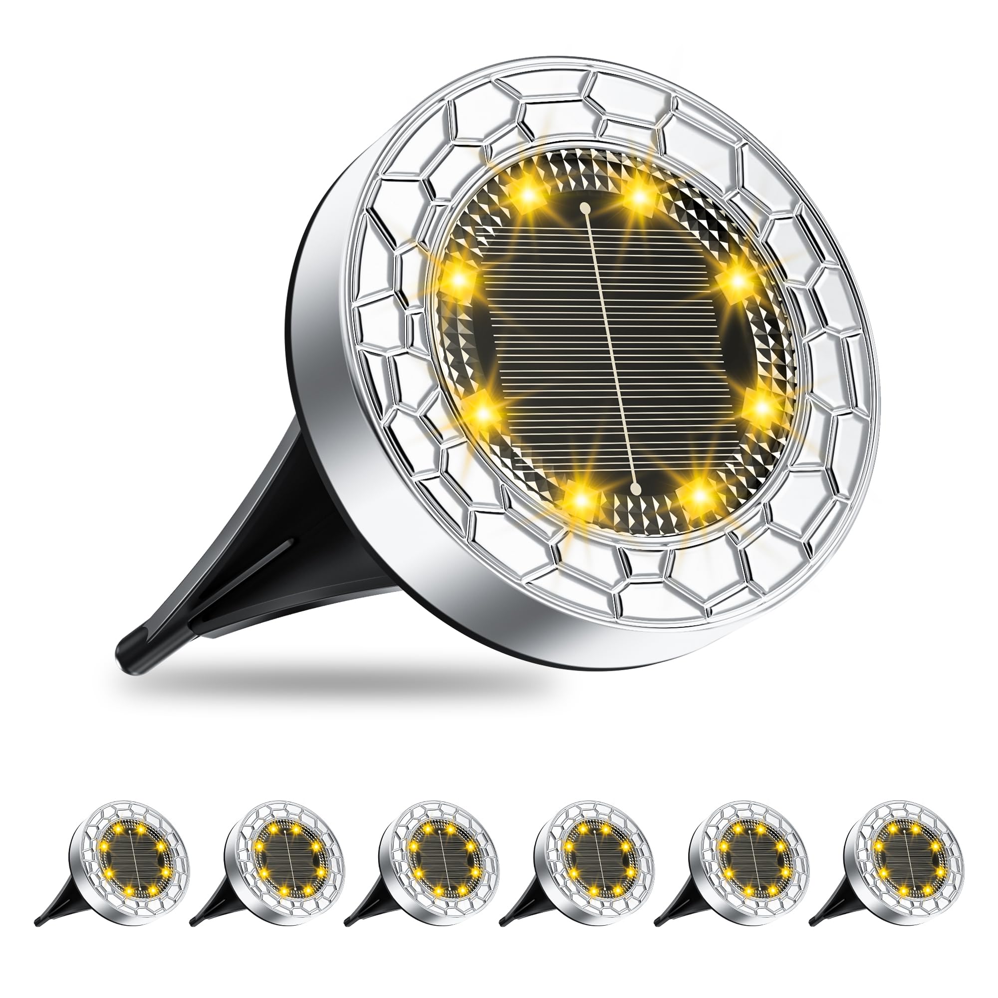 FIFlying 6 pezzi Luci Solari da Giardino, 8 LED Lampade Solare da Terra, Acciaio Inossidabile Bianco Caldo Faretti Sepolta Solari a Led da Esterno, per Prato, Vialetto, Marciapiede, Patio