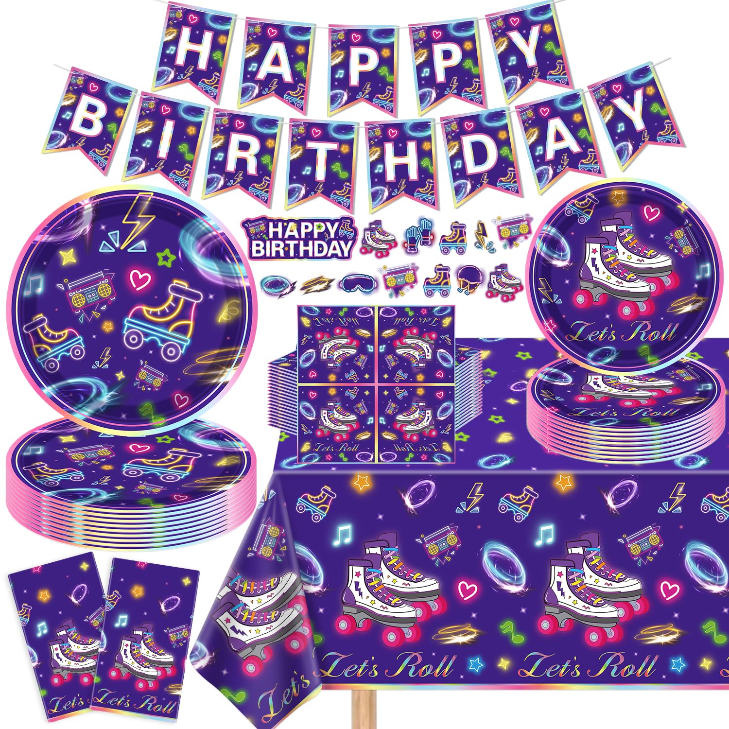 136 Pack Roller Skating Party Supplies Let's Roll Birthday Supplies Roller Skate Party Tableware and Banner Set for Roll Themed Skating Party