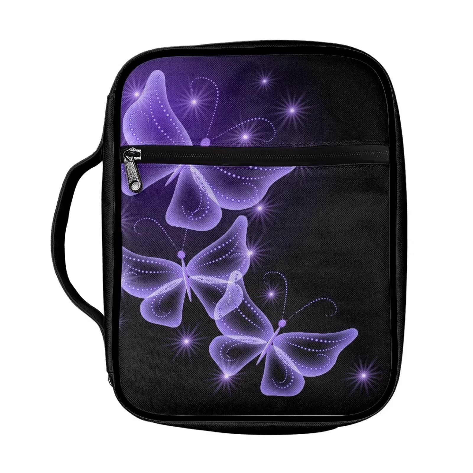 SEANATIVE Bling Purple Butterfly Bible Cover with Handle Bible Book Carrying Bag Lightweight Polyester Bible Tote Handbag for Women