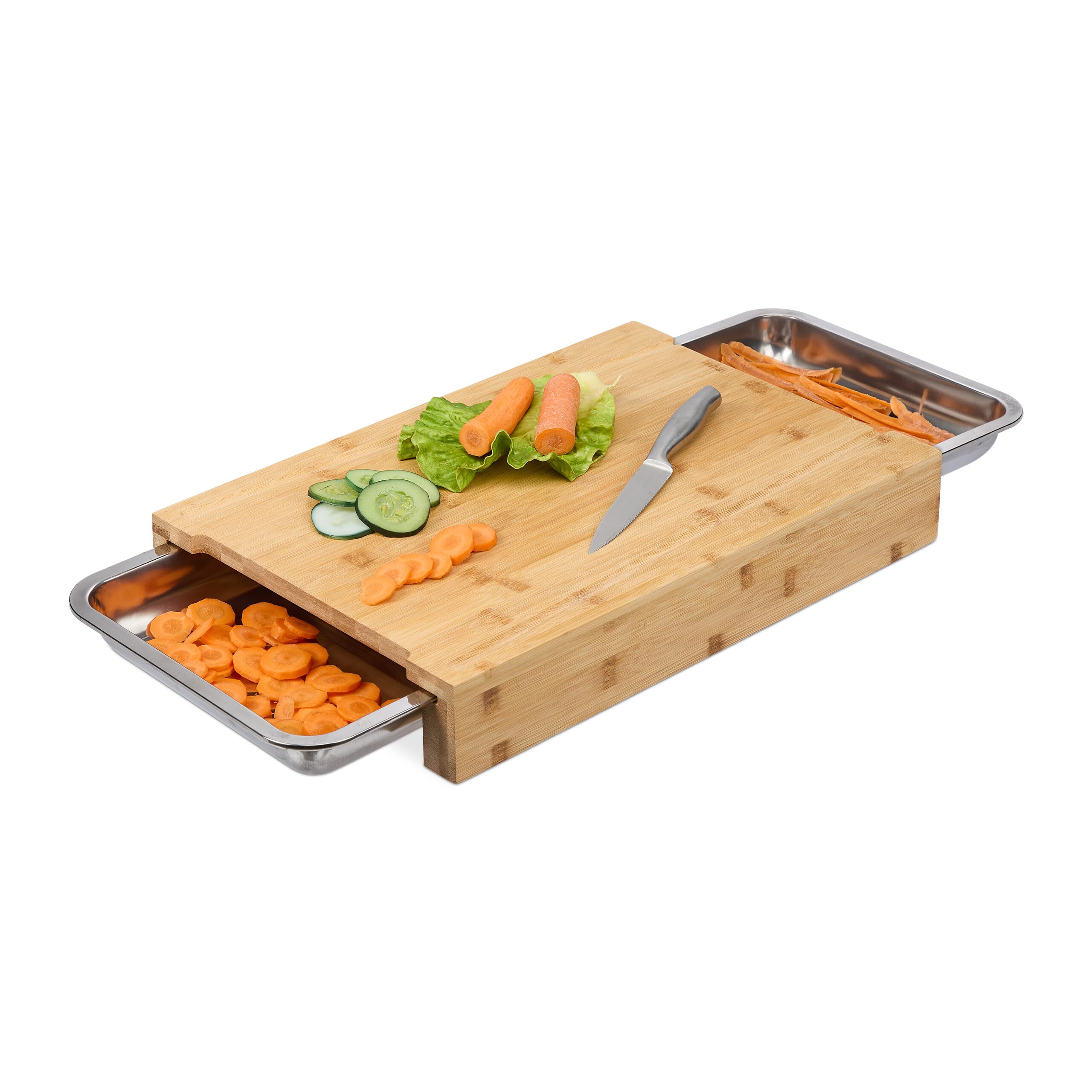 Relaxdays Tabla de Cortar con 2 Recogemigas, Pan y Carne, Madera de Cocina, Bambú y Acero, 8x45x30cm, Natural y Plateado
