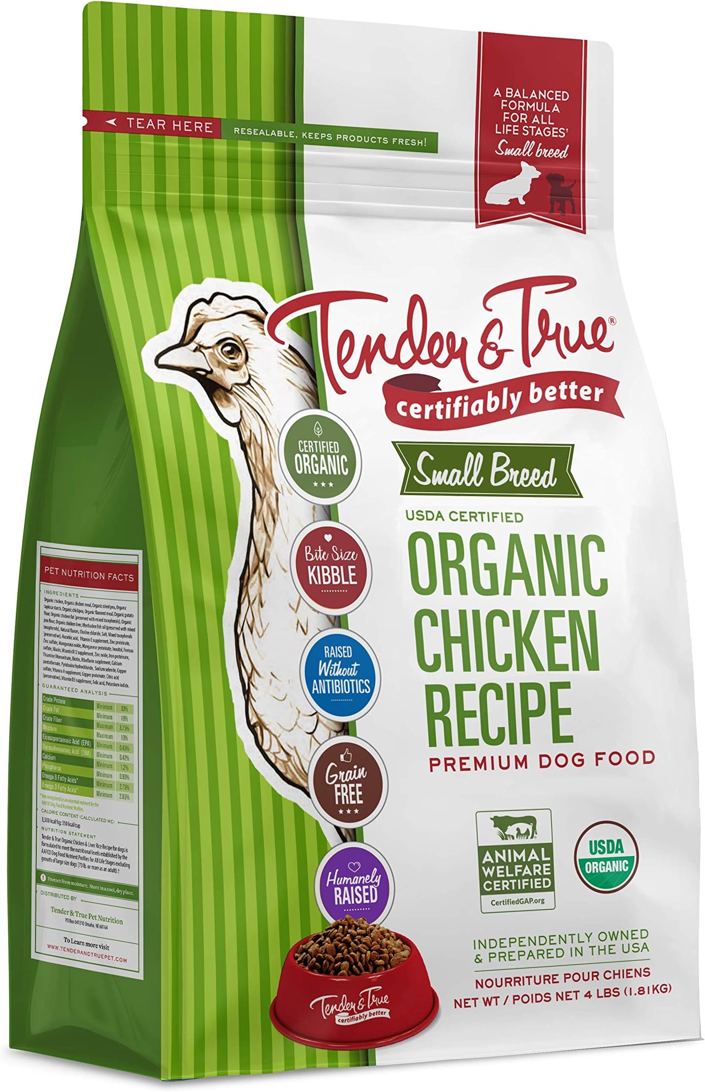 Tender & True Pet Nutrition Small Breed Organic Chicken Recipe Dog Food, 4 lb (46003)