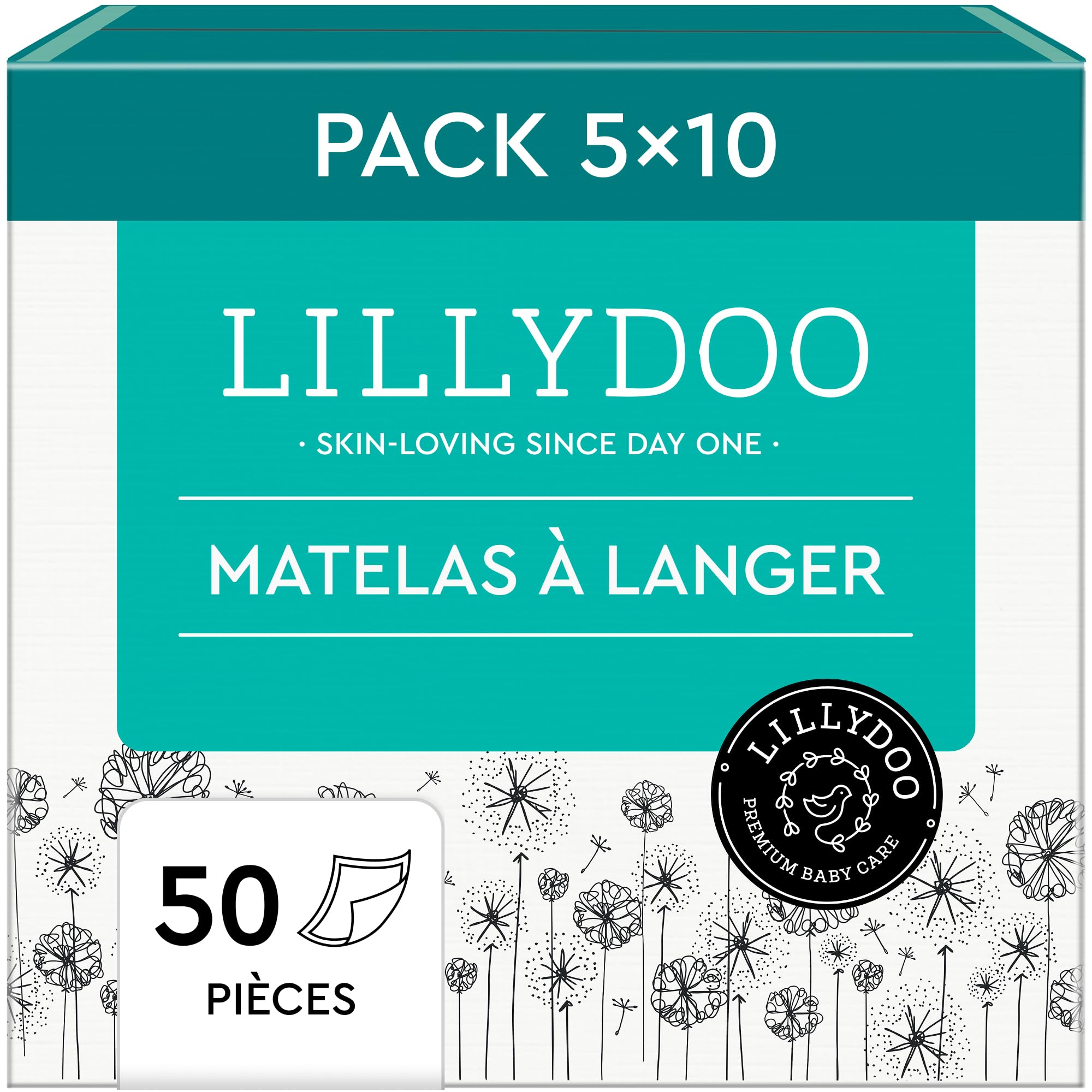 LILLYDOO Matelas à Langer Hypoallergéniques pour Bébé 60x60 cm, 50 pièces (5x10), Alèses Ultra-douces pour les Peaux Sensibles, Sans Parfum ni Lotion, Testés Dermatologiquement