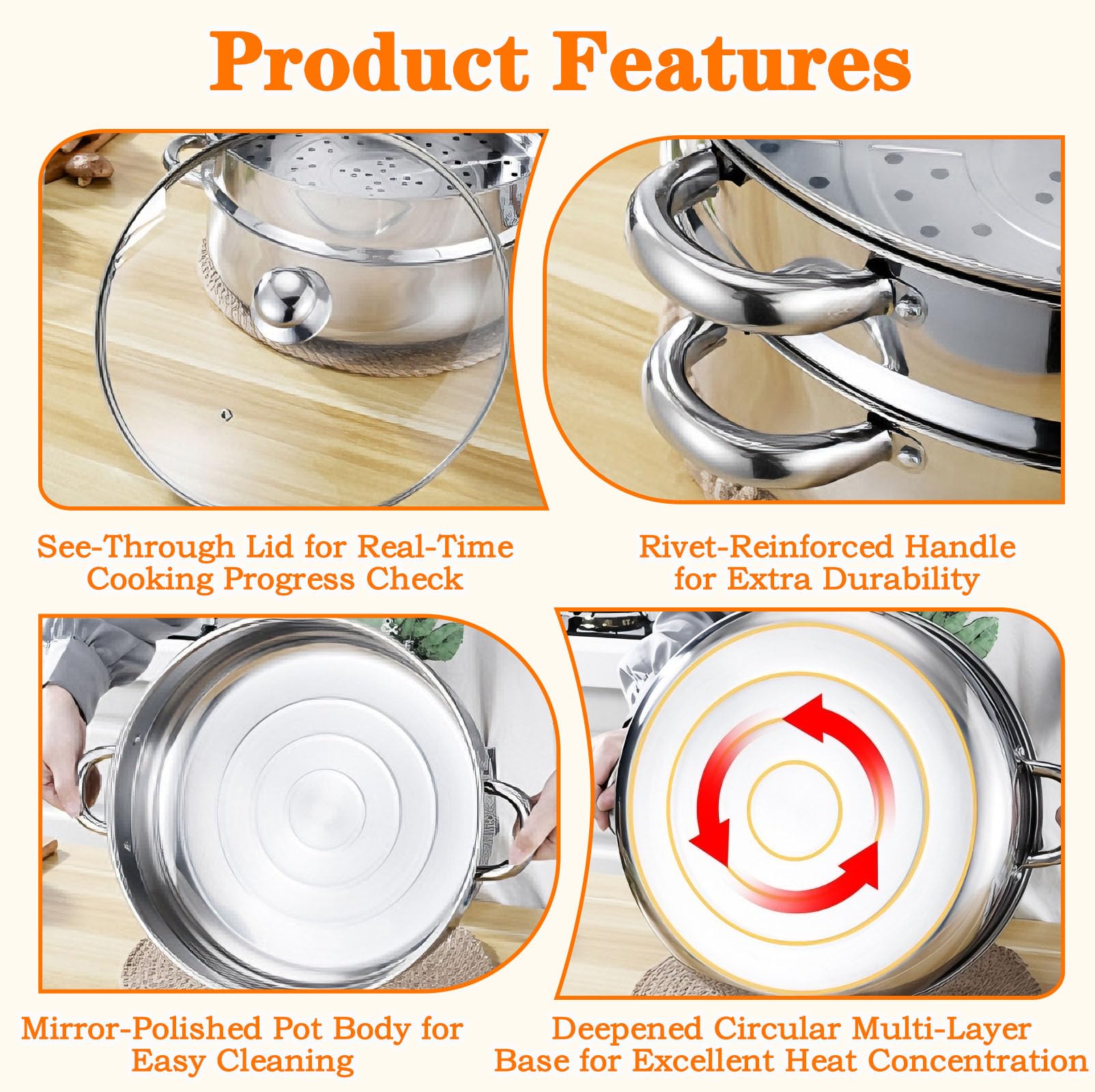 Vaporera Acero Inoxidable con Tapa Vristal, Olla Presión Verduras Grande Hogar 5 Capas Duradera, Ollas Vaporera Cocinar Vapor Cocinar Vapor Steamer Cooking para Cocinar Verduras Mariscos Sopas Guisos