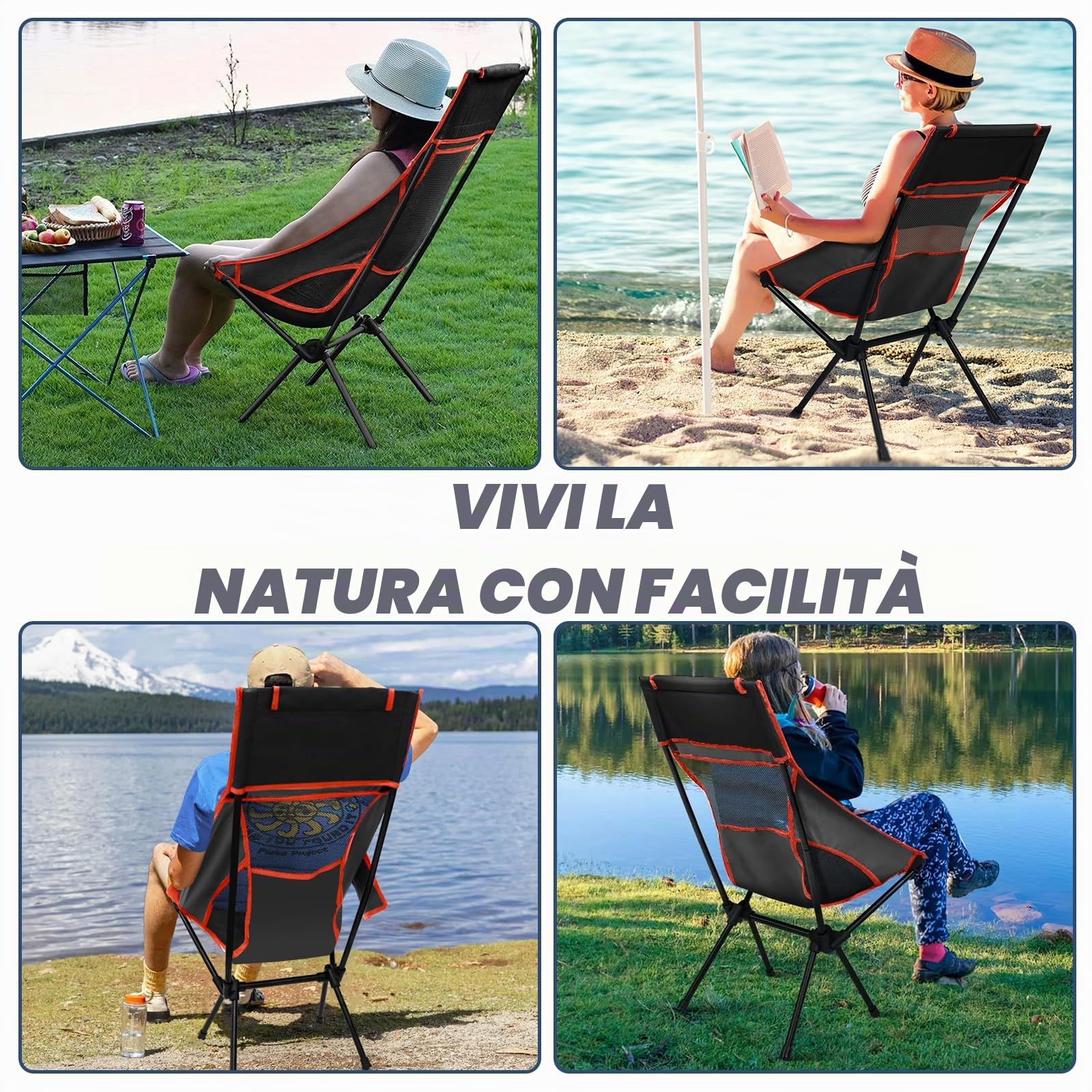 Sedia da Campeggio Pieghevole, Portatile Sedia Pieghevole Ultraleggera con Borsa da Trasporto, Max Portata 150 kg, Sedie Campeggio per Esterni, Giardino, Spiaggia, Pesca (Nero)