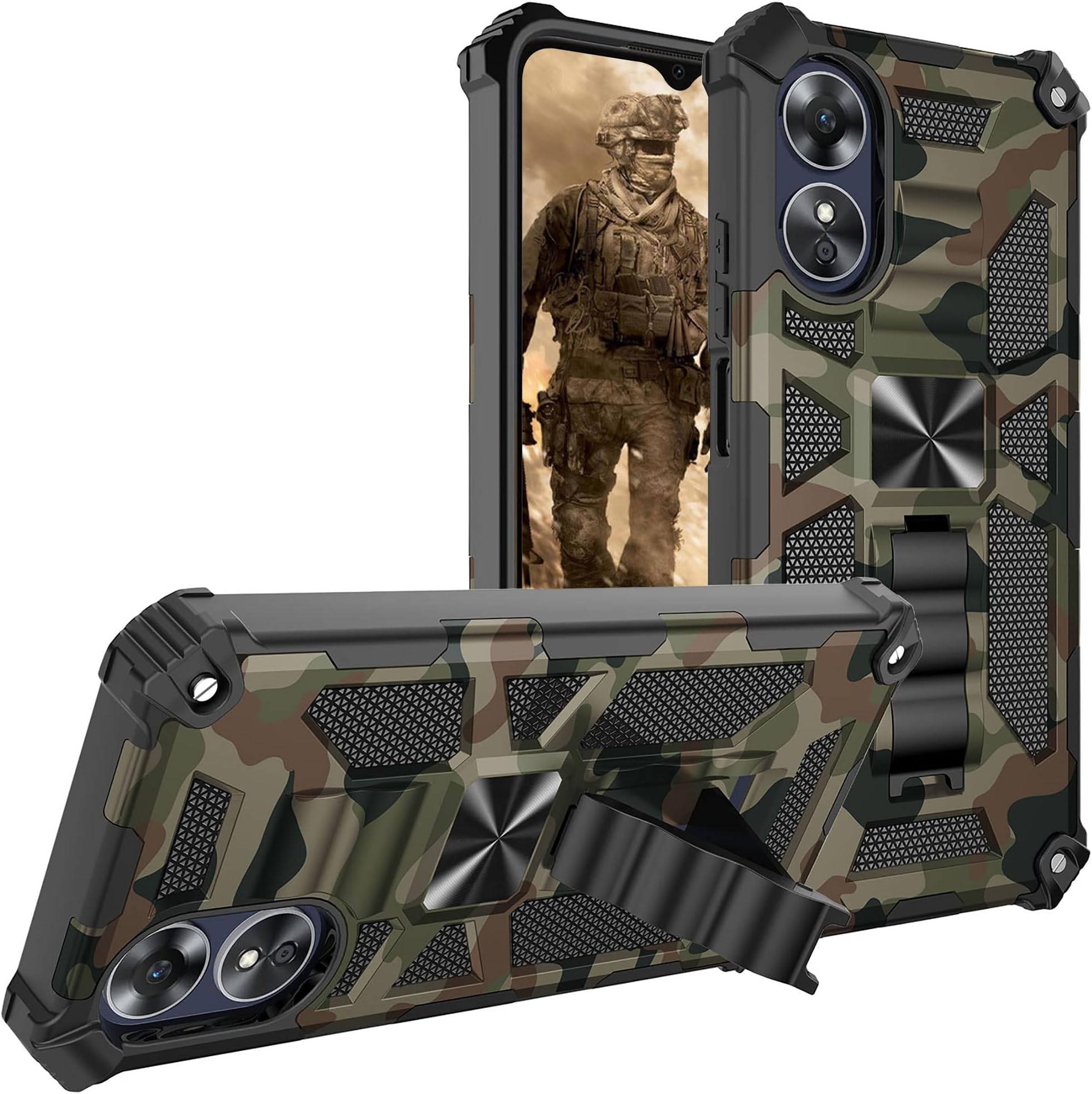 CCSmall Camouflage Case for Oppo A17 with Magnetic Kickstand, Built-in 360° Rotate Ring Stand Magnetic Car Mount Phone Cover Case for Oppo A17 MC Army Green