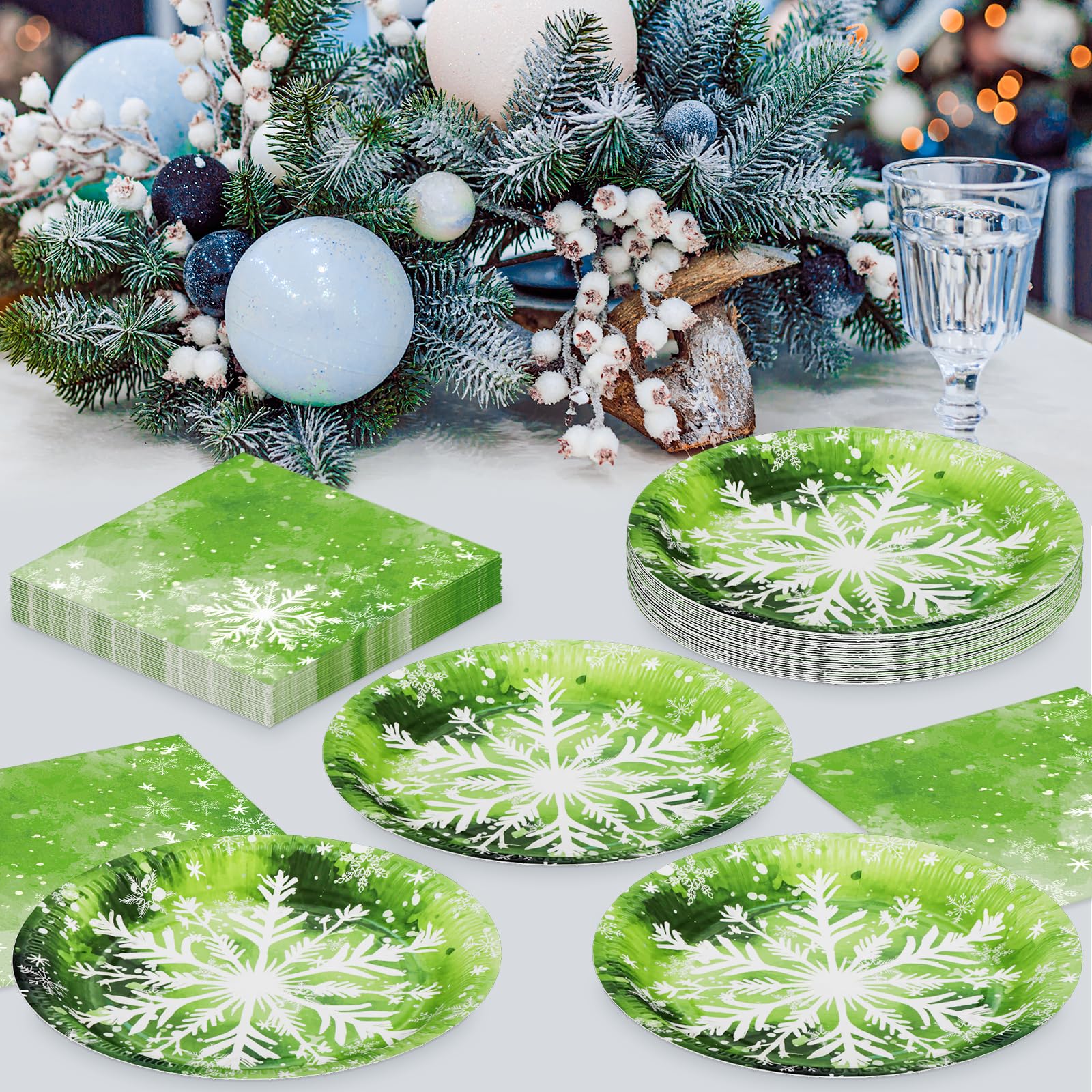 Set Stoviglie Di Carta Natale - 16 Postazioni Con Motivo Cristallo Di Neve - Piatti 23cm, Dessert 18cm E Tovaglioli