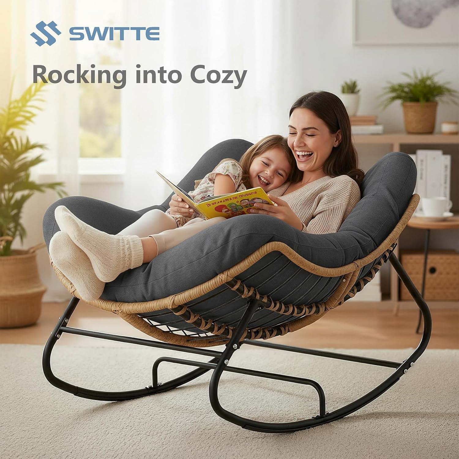 SWITTE Outdoor Rocking Chair, Oversized Patio Papasan Rocker, Comfy Wicker Reading Lounge, Indoor Egg Chair for Bedroom, Living Room, Porch, Garden, Lawn-Dark Grey 3 81iKfhMnNoL. AC SL1500