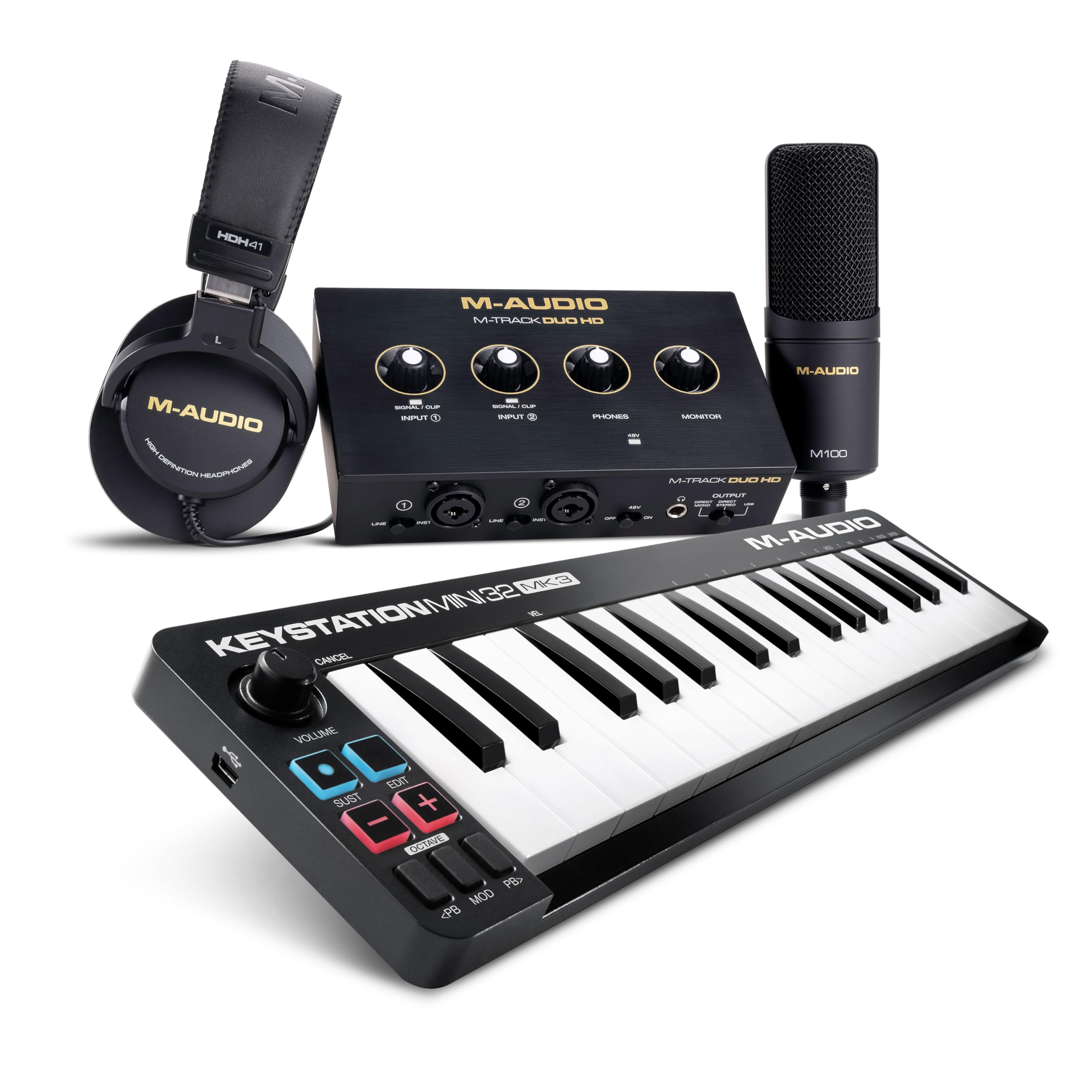 M-AUDIO Pack Contrôleur MIDI Keystation Mini 32 MK3 avec Interface Audio M-Track Duo HD pour Enregistrement Studio, Production Musicale, Podcasting, Streaming