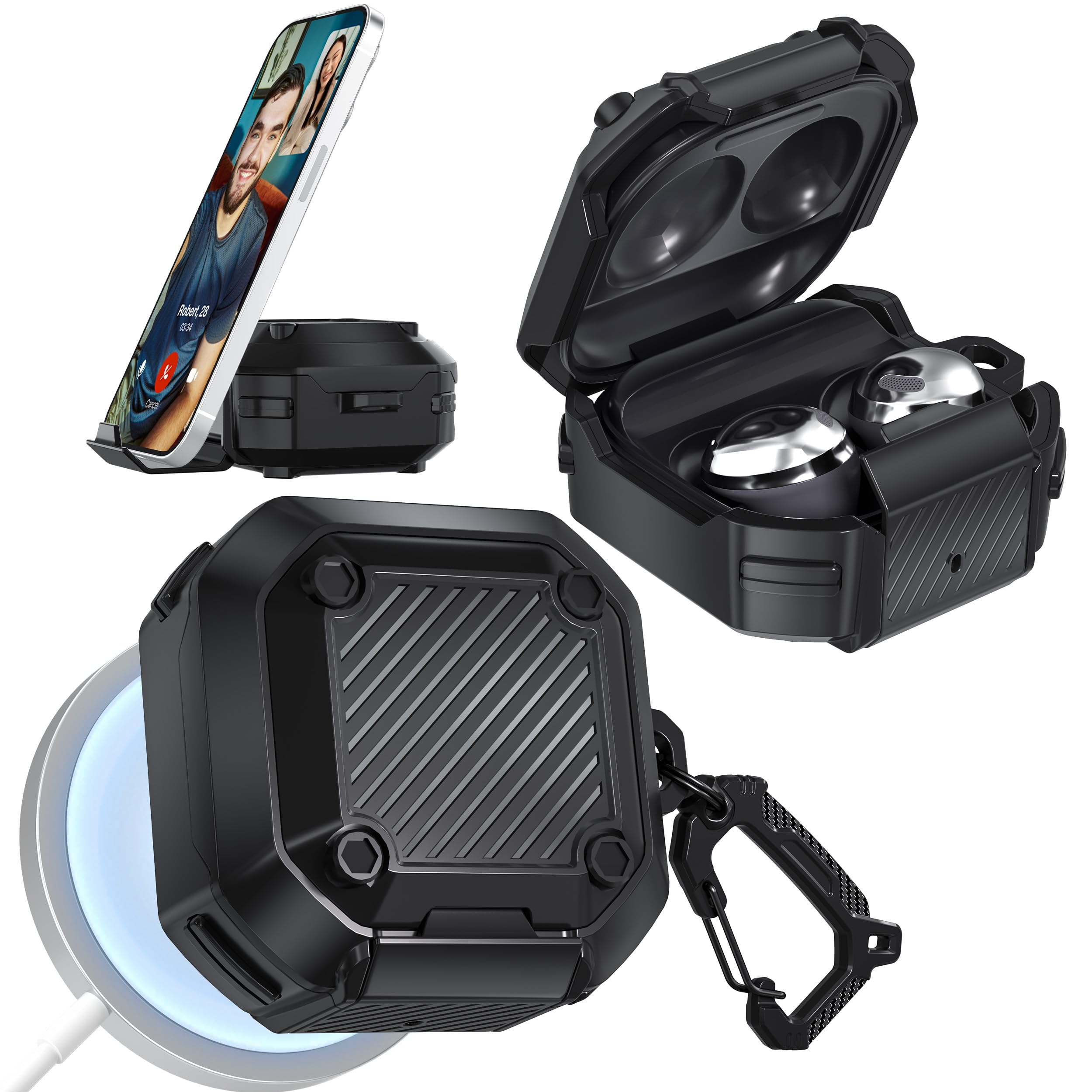 RFUNGUANGO for Samsung Galaxy Buds 2 Pro/Buds Pro/Buds Live/Buds 2 Case Cover/Galaxy Buds FE (2023),with Anti-Drop Lock That Doubles as a Phone Stand,A-OLCX-Black