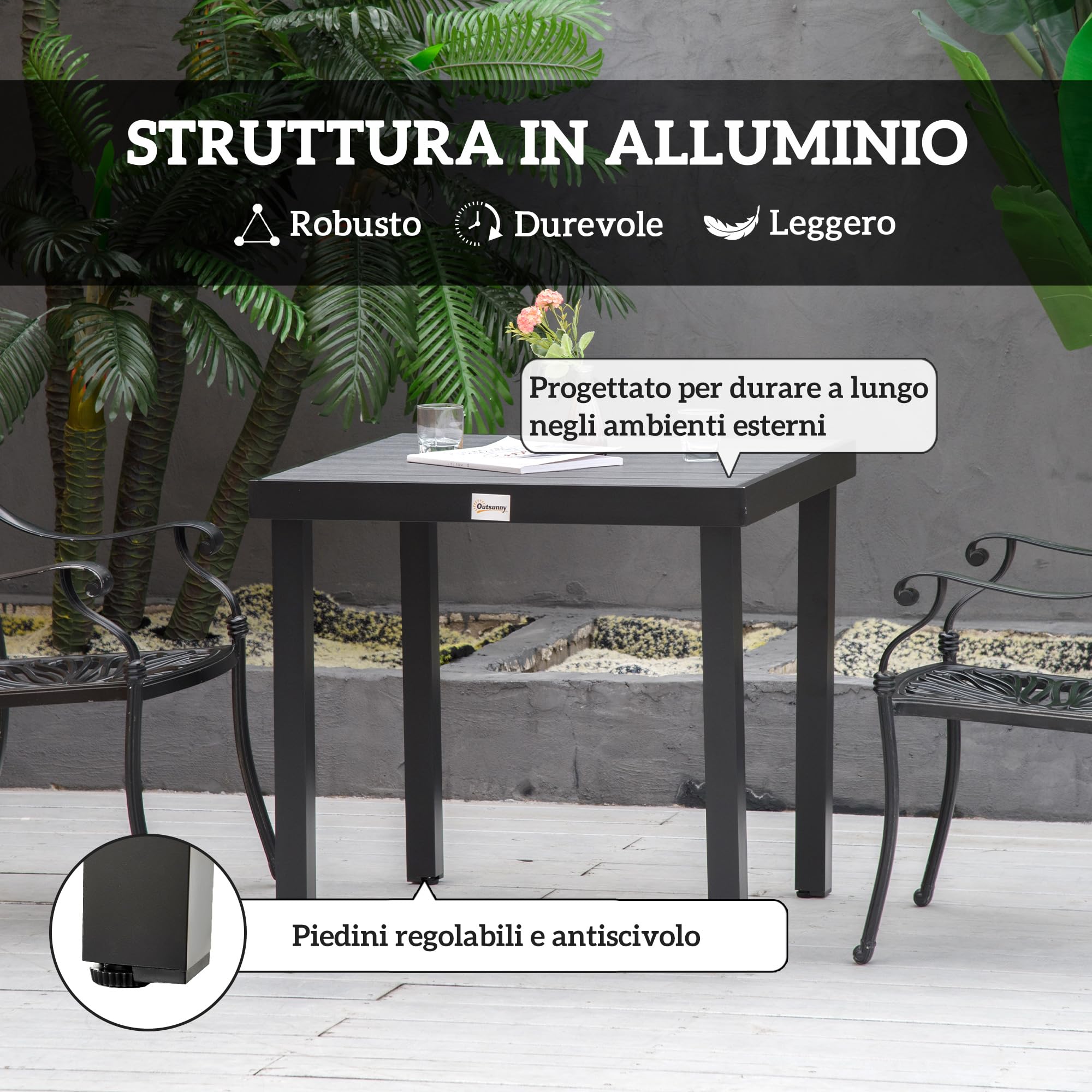 Outsunny Tavolo da Giardino con Piano Effetto Legno da 78x78 cm, Tavola da Pranzo per 4 Persone Quadrato in Alluminio e Plastica, Per Patio, Terrazzo, Balcone ed Esterno, Nero
