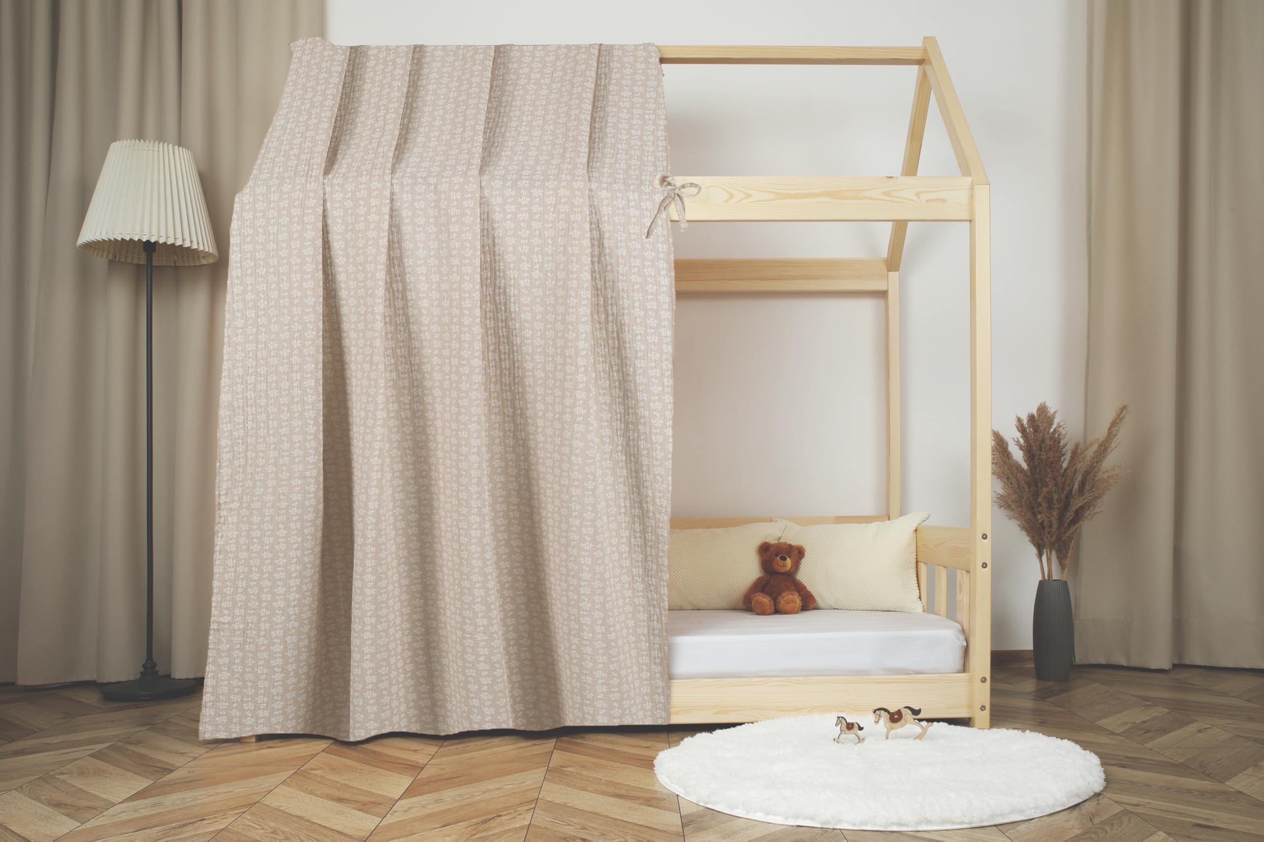 Toile de Lit Cabane 100% Coton - Ciel de Lit Cabane pour Lit Montessori 80x160, 90x200 cm - Tissu Oeko-Tex Gots (Beige Feuillage, 120 x 370 cm)